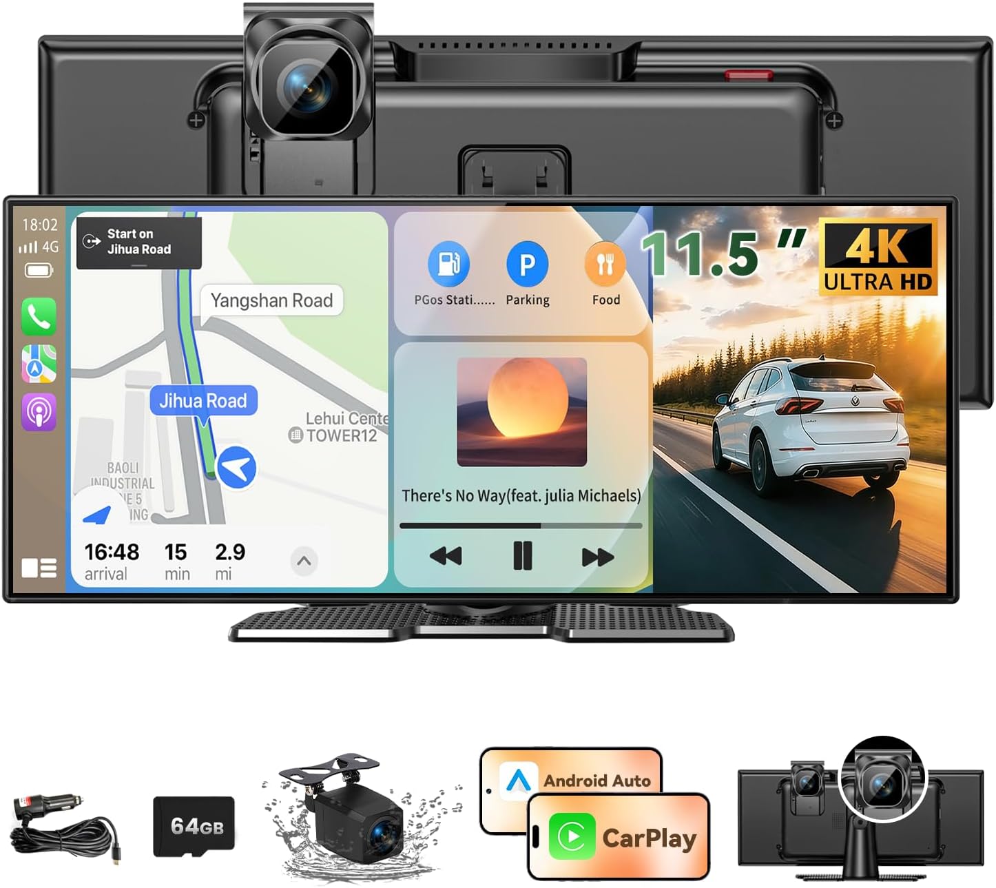 Largest 11.5 inch Wireless CarPlay Screen for Car, A-pple CarPlay & Android Auto HD Touchscreen with 4K Dash Cam/1080P Backup Camera/Navigation/Bluetooth/Voice Control/FM/Mirror Link,for All Vehicles