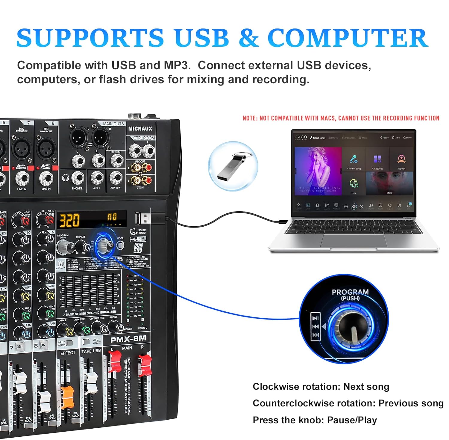Audio Mixer 8 Channel Professional Mixer Console with 320 DSP Effects, 7-band EQ Sound Mixing Board Digital DJ Mixer w/USB Bluetooth MP3 for Recording, Independent 48V Power & Mute Button