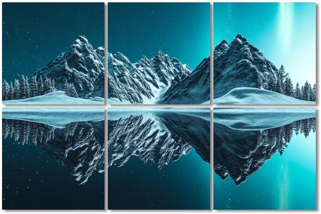 6 Pack Art Acoustic Panels Sound Absorbing Scenery Snowy Mountains Symmetrical Reflection Night Sky Pine Trees Decorative Soundproof Wall Panels Self Adhesive for Recording Studios Office 72