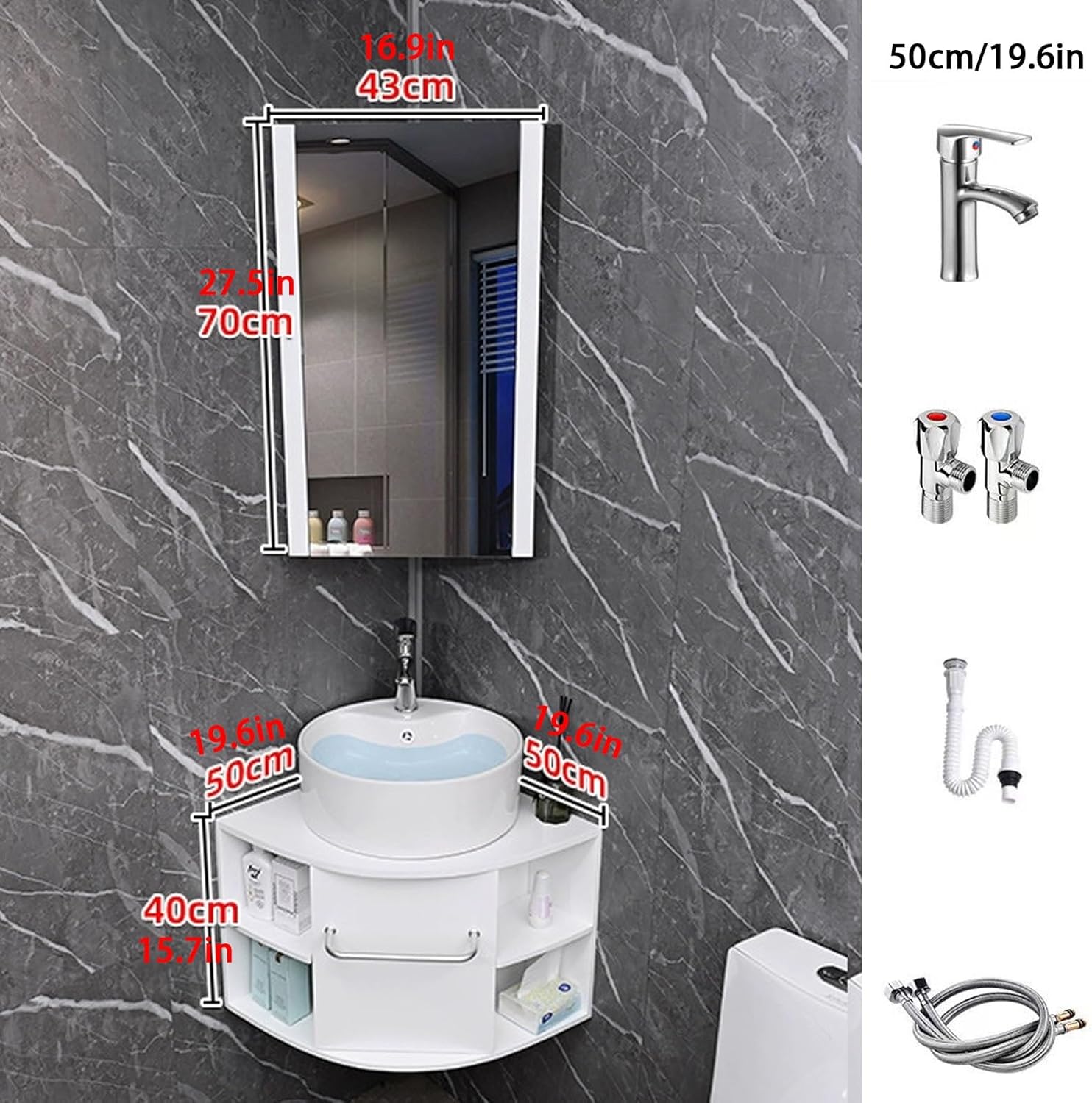 Corner Bathroom Sink, Wall Mount Corner Bathroom Vanity, Triangle Bathroom Sink Cabinets, Ceramic Wash with Storage Container and Mirror Cabinet, for Small Space(50cm/19.6in)