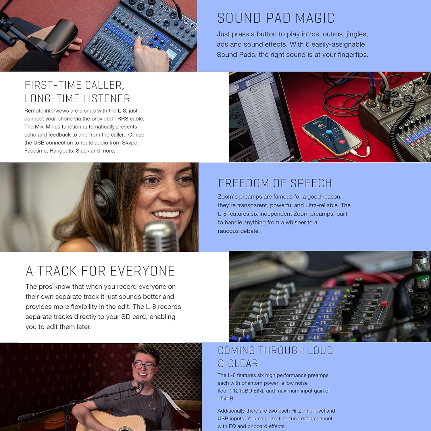 Zoom LiveTrak L-8 Portable 8-Channel Digital Mixer and Multitrack Recorder Bundle with 4x Zoom ZDM-1 Mic with Headphones, Windscreens and Stands + Cleaning Cloth – 4 Person Podcasting Bundle