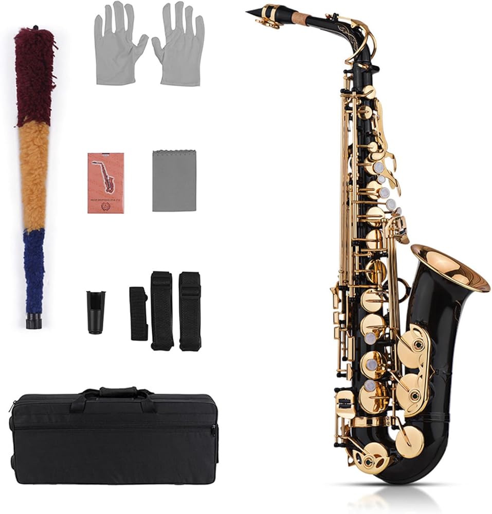Eb Alto Saxophone Sax Brass Lacquered Gold 82Z Key Type Woodwind Instrument with Padded Carry Case Gloves Cleaning Cloth Brush Sax Straps Reeds