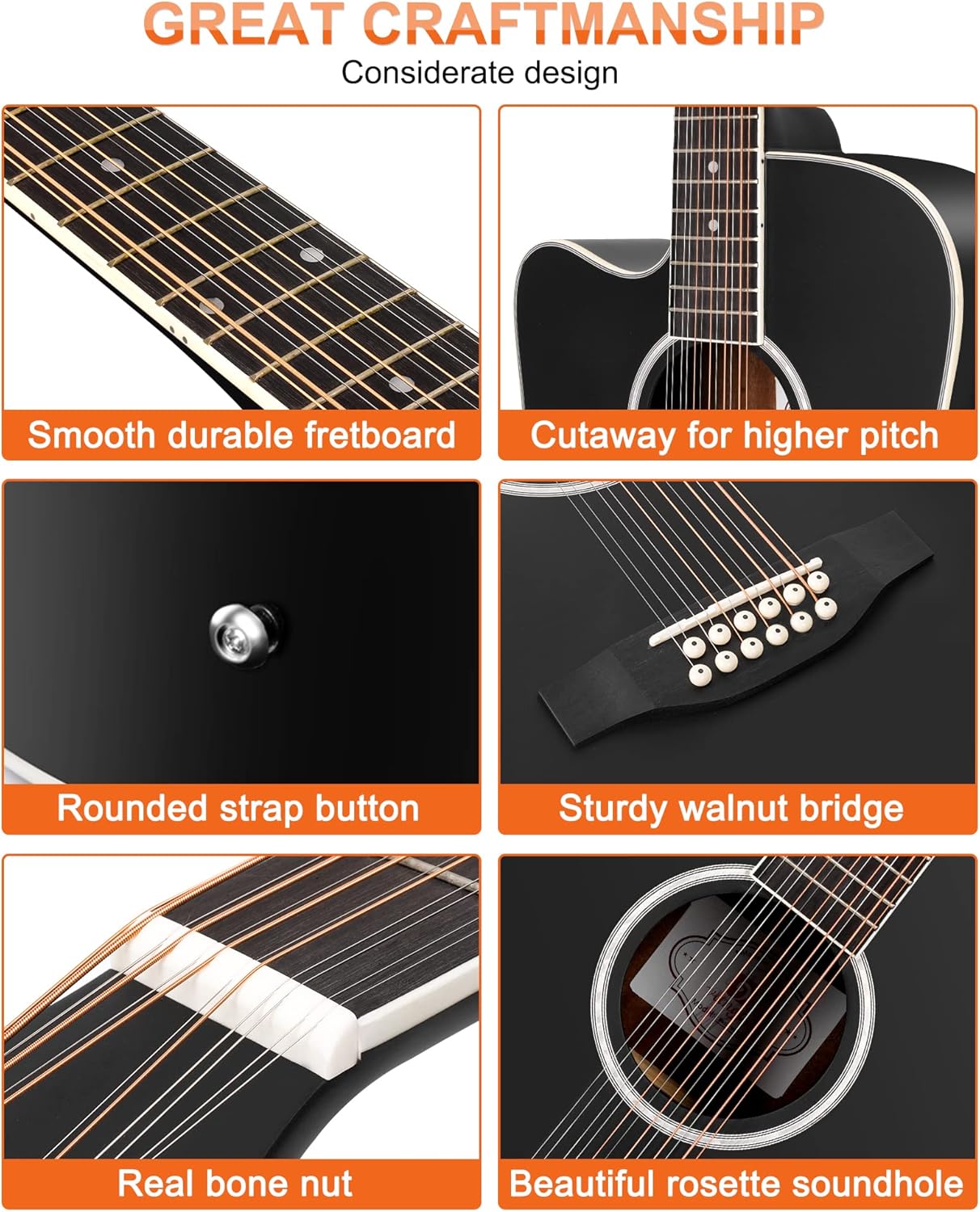 Vangoa LEFT HANDED 12 String Guitar Acoustic electric Cutaway 42 Inch Full Size Dreadnought Spruce Top Sapele Body for Beginners Teens Adults, Black, Matte