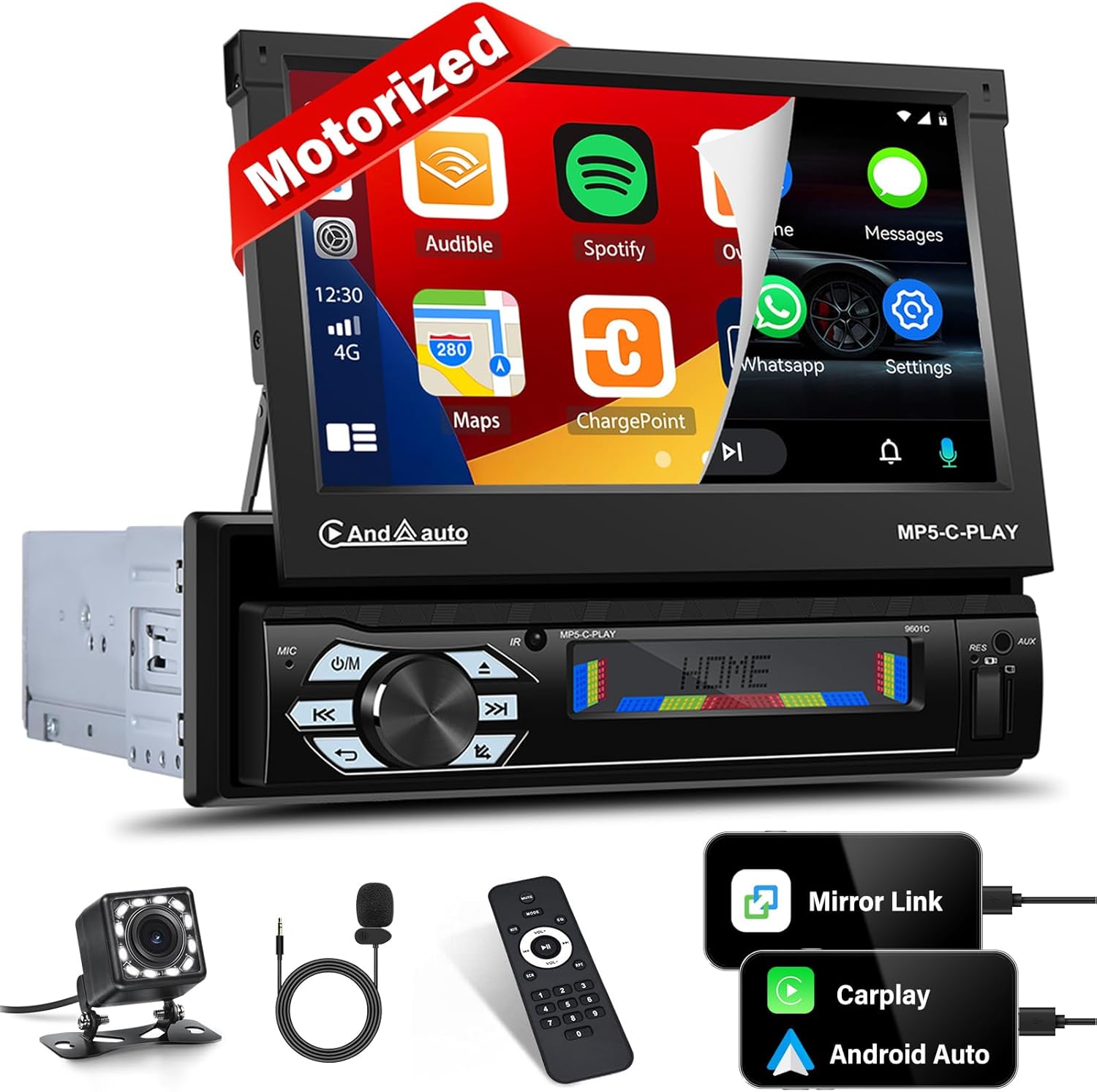 UNITOPSCI Single Din Touch Screen Car Stereo with Apple CarPlay Android Auto, 7 Inch Motorized Flip Out Bluetooth Car Radio FM AUX/USB/TF Card Input Mirror Link SWC with Backup Camera Remote Control
