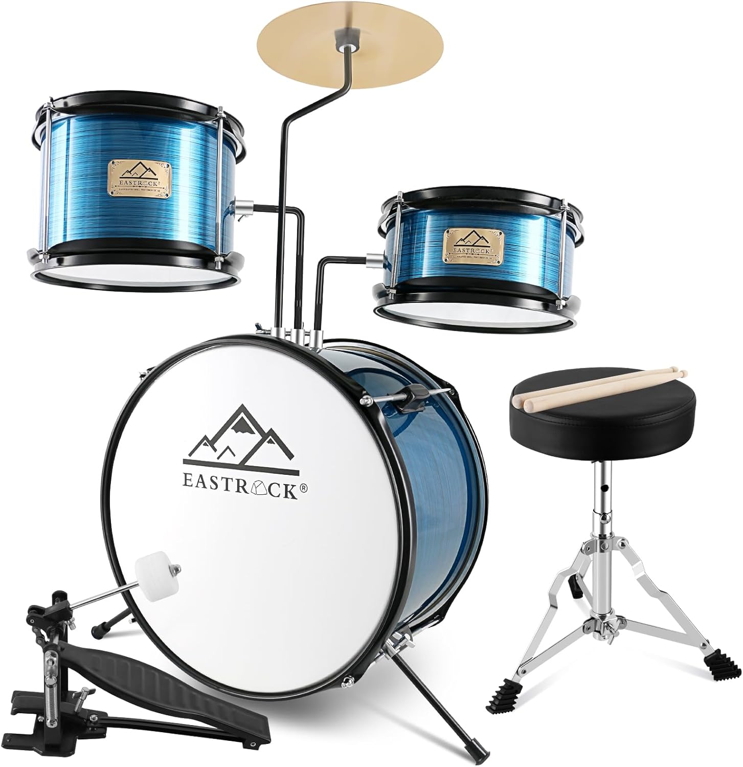 EASTROCK Drum Set, 3 Piece 14'' Drum sets for Drummer,Beginner, Drum Set for 5-7 Years Old with Adjustable Throne,Cymbal,Pedal,Drumsticks(Blue)
