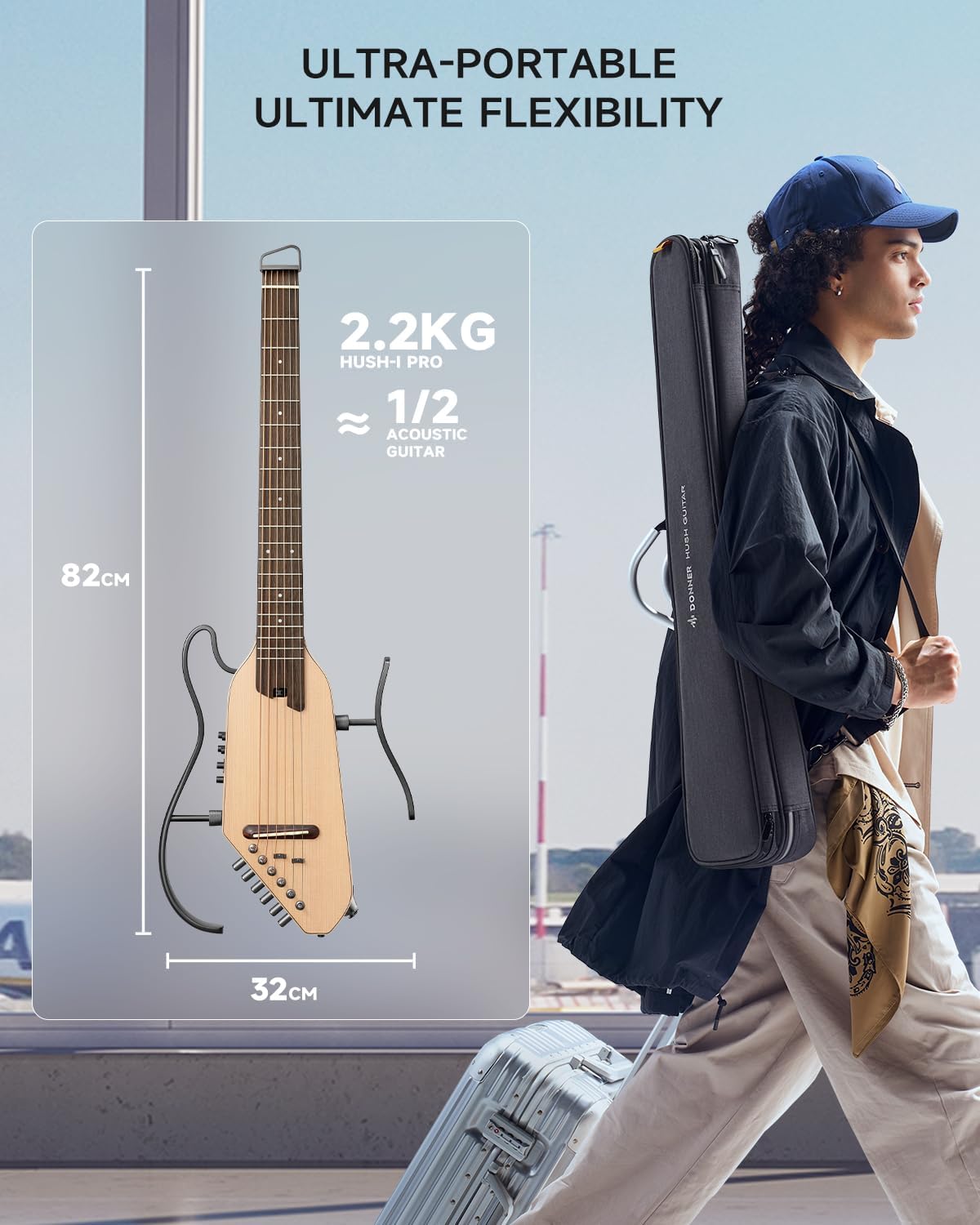 Donner Acoustic Electric Guitar HUSH I PRO Travel Guitar with Multiple Effect Modes Smart Guitarra Kit of Earphone, Gig Bag, Strap, Charging Cable