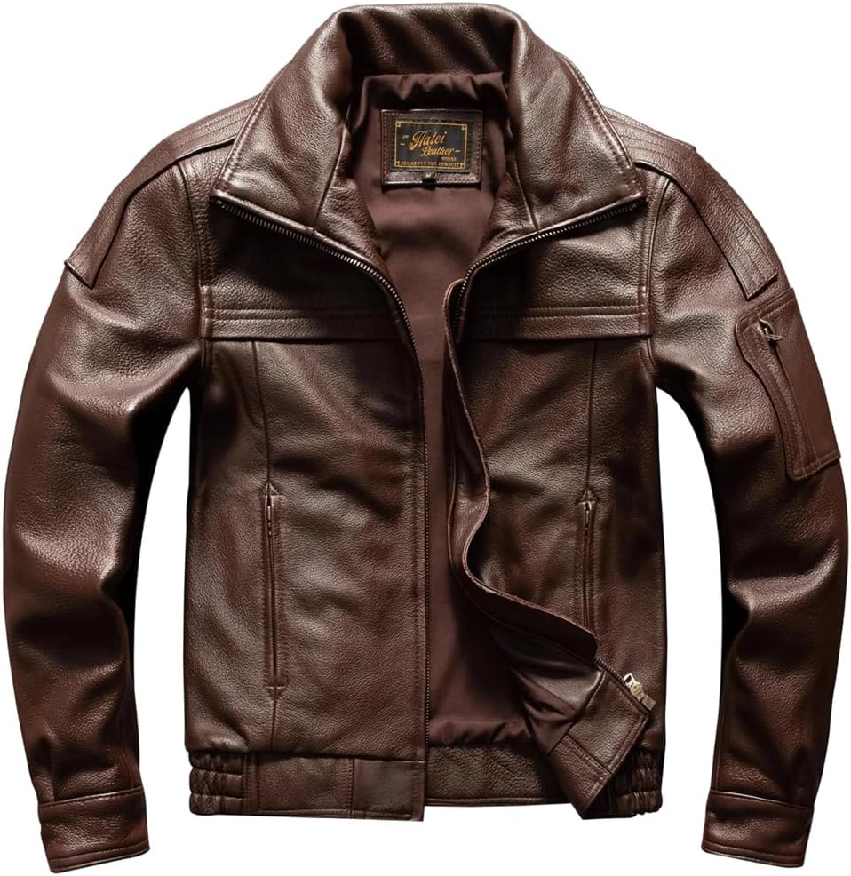Men Military Genuine Natural Thick Cowhide Turn-Down Flight Brown Winter Leather Jacket Coat
