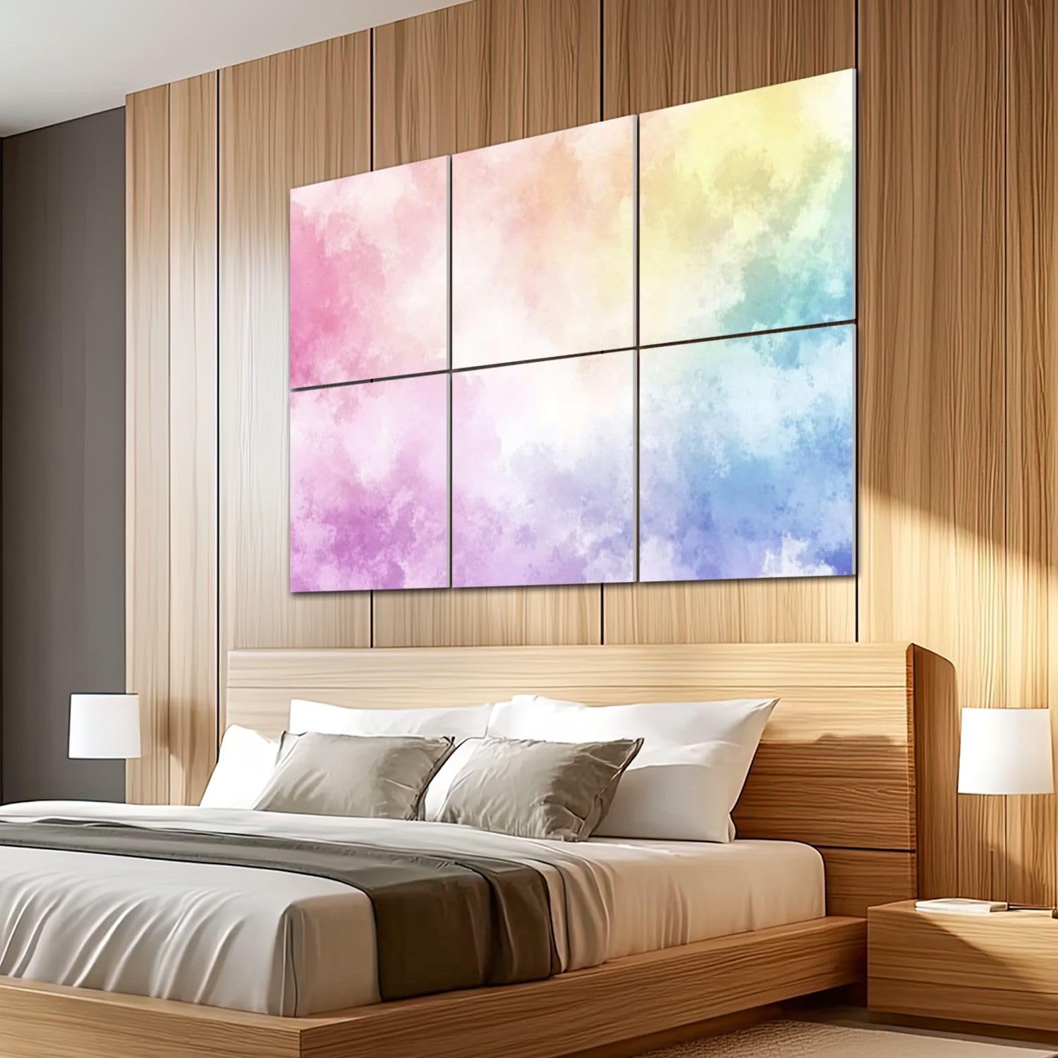 6 Pack Art Acoustic Panels Sound Absorbing Bright Pastel Rainbow Gradations Yellow Gold Pink Cyan Purple Colors Decorative Soundproof Wall Panels Self Adhesive for Recording Studios Office 72