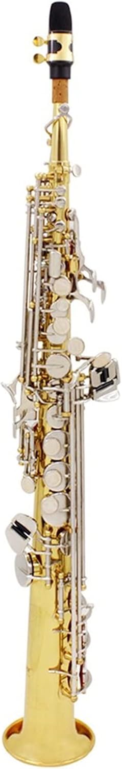 KESHUO Bb Saxophone Brass Gold Lacquer Straight Saxophone Sax Saxofon Woodwind Musical Instrument with Case Accessories Brass Sax Beginners Kit (Color : Golden Silver Key)