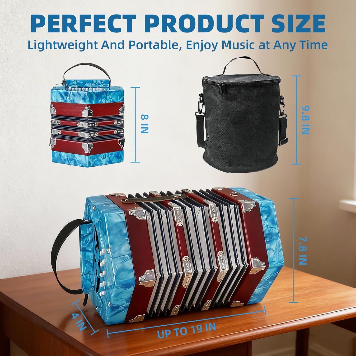 Concertinas,20-key accordion for adults, professional accordion for beginners, adjustable hand straps, instrument accessories (BULE-1)