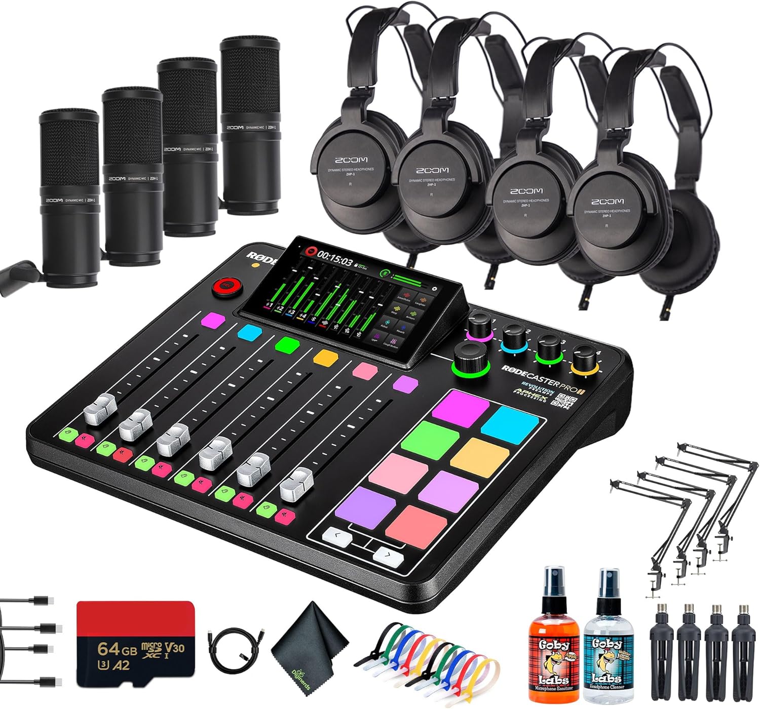 RODE RODECaster Pro II + 4x Headphones + 4x Podcast Microphone + 64GB Micro SD Memory Card + Mic Arm Stand + 2x USB-C + More (Bundle)