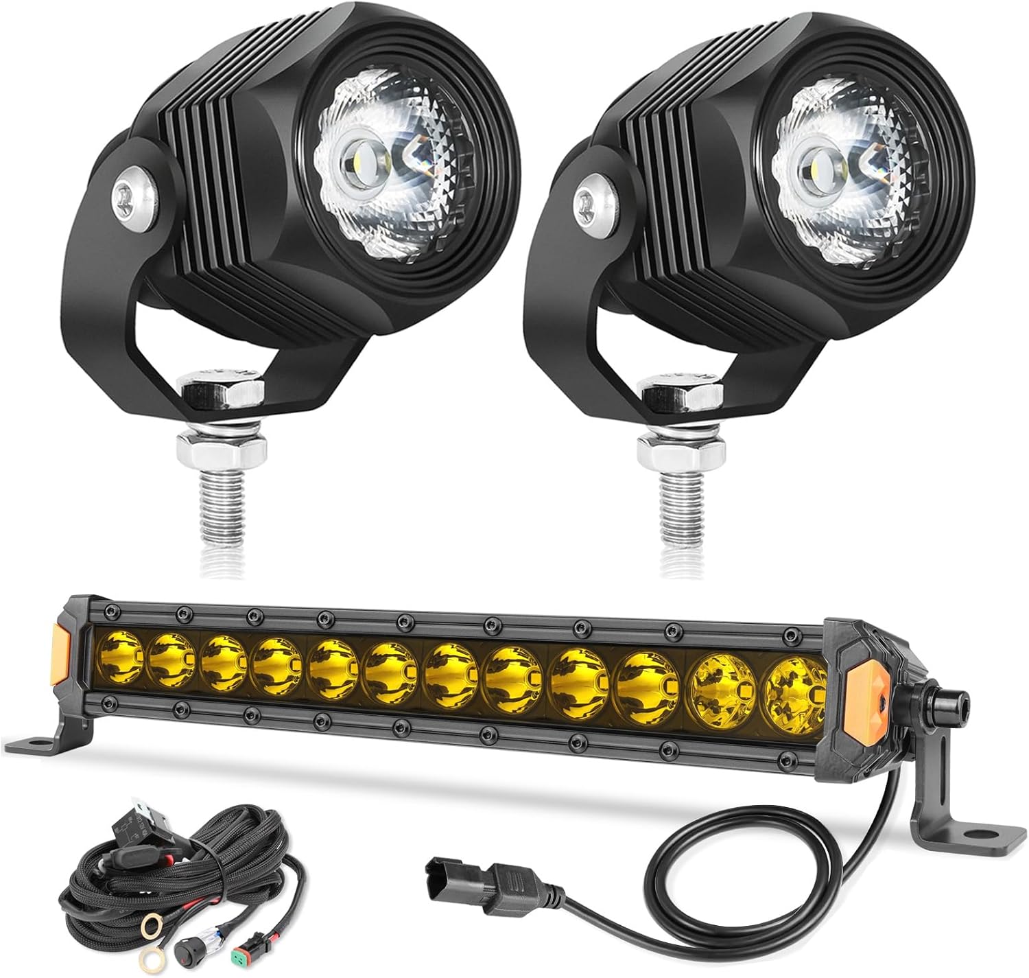 2PCS Small LED Pods Driving Light + 14 Inch LED Light Bar with Wiring Harness
