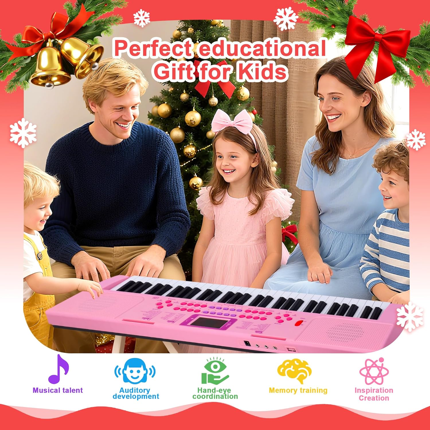 Kids Keyboard Piano, 61 Light-up Key Electric Piano Musical Learning Toy for Beginners with Microphone, Music Stand, Notekey Sticker, Birthday Xmas Gift for 3-10 Years Old, Pink