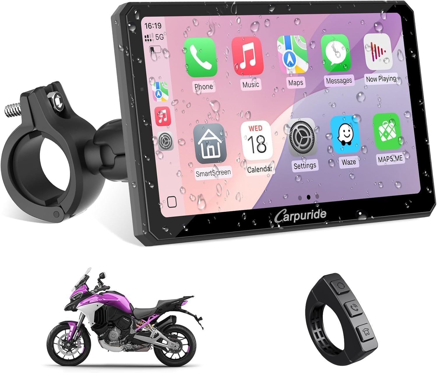 Carpuride W712D Carplay Android Auto for Motorbike, Support Dual Bluetooth, Siri, G00gle Assistant