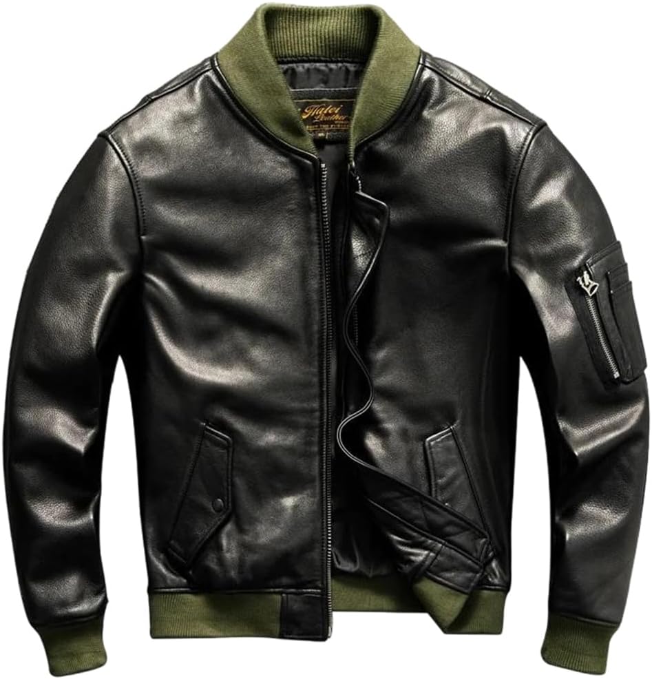 Men Military Style Plus Size Genuine Natural Cowhide O-Neck Collar Flight Black Winter Leather Jacket Coat