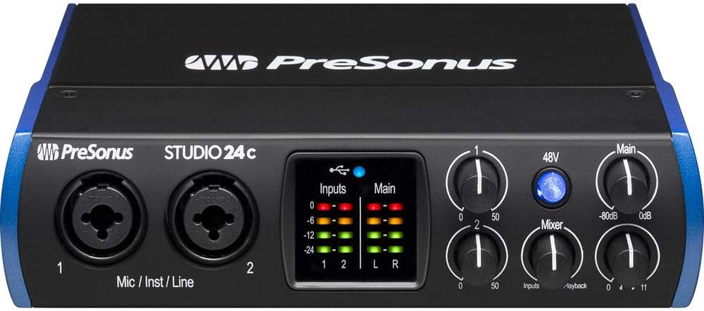 PreSonus Studio 24c 2x2 USB Type-C Audio/MIDI Interface with Kellopy Pop Filter, Mic Boom Scissor Arm Stand, 10ft MIDI Cable & XLR Cable Bundle