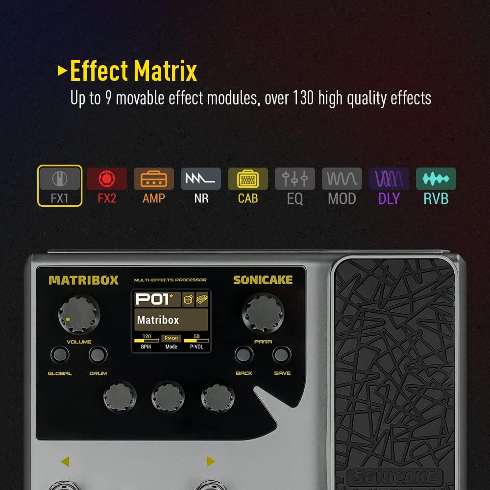 SONICAKE Matribox - Guitar Multi Effects Processor with Expression Pedal, With 130 Built-in Guitar/Bass/Acoustic Effects, Amp Modeling, IR Cabinets Simulation, Stereo OTG USB Audio Interface QME-50