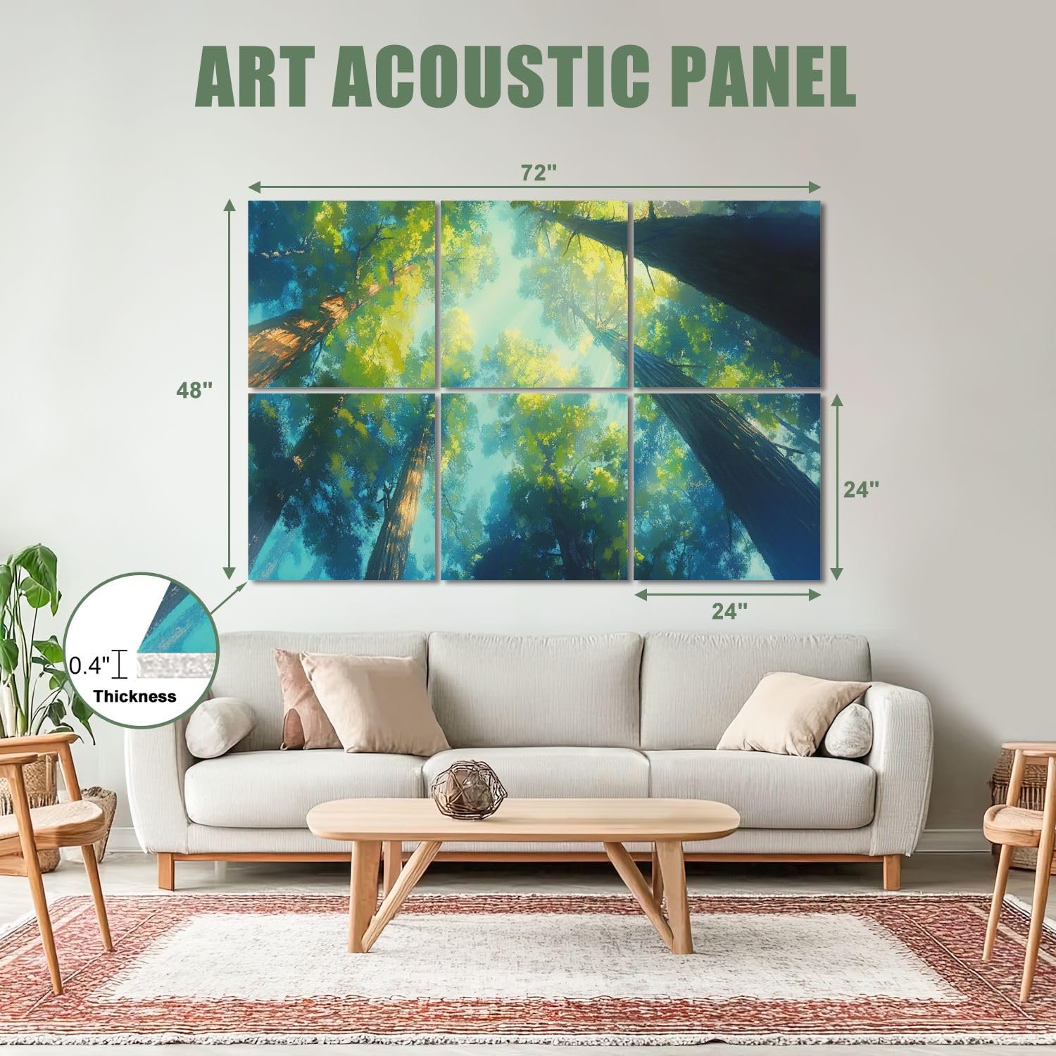 6 Pack Art Acoustic Panels Sound Absorbing Redwood Forest Tall Trees Sunlight Filtering Leaves Canopy Blue Sky Decorative Soundproof Wall Panels Self Adhesive for Recording Studios Office 72
