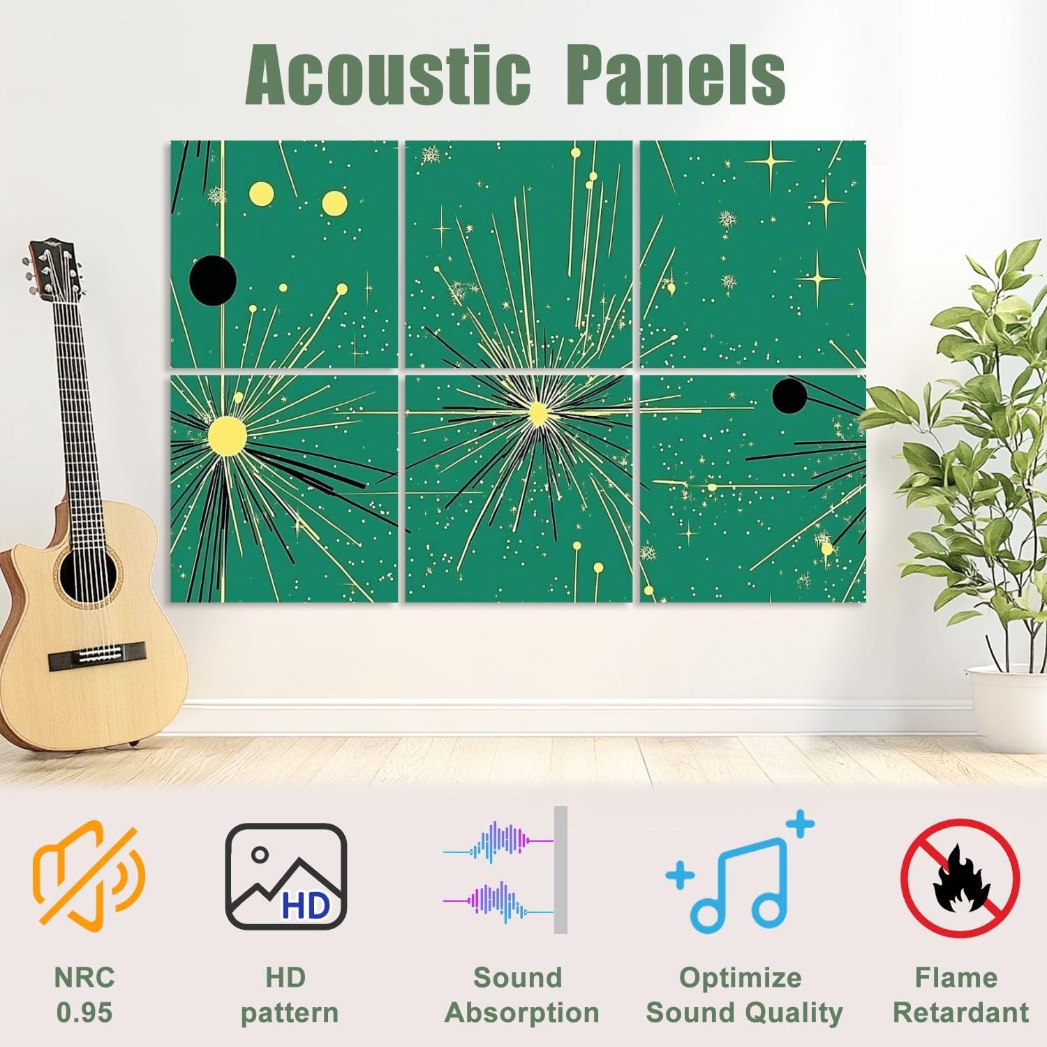 6 Pack Art Acoustic Panels Sound Absorbing Seamless Mid Century Modern Green Black Blue Fireworks Stars Circular Decorative Soundproof Wall Panels Self Adhesive for Recording Studios Office 72