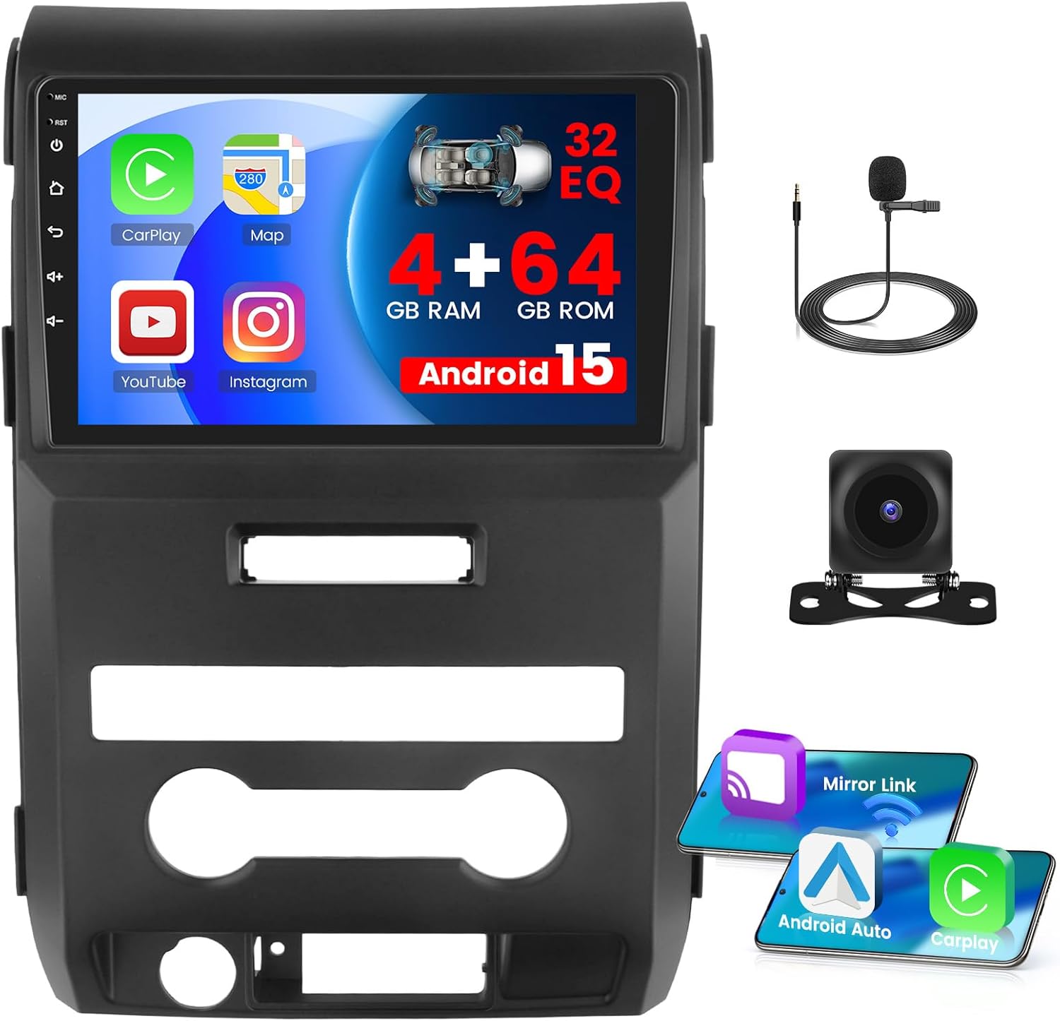 4+64GB Android 15 Car Radio for Ford F-150 F150 2009 2010 2011 2012 with Wireless CarPlay Android Auto, Realdio 9 Inch Touchscreen for F150 Car Stereo with Bluetooth 5.0, FM/RDS, 32EQ, GPS, WiFi, UI