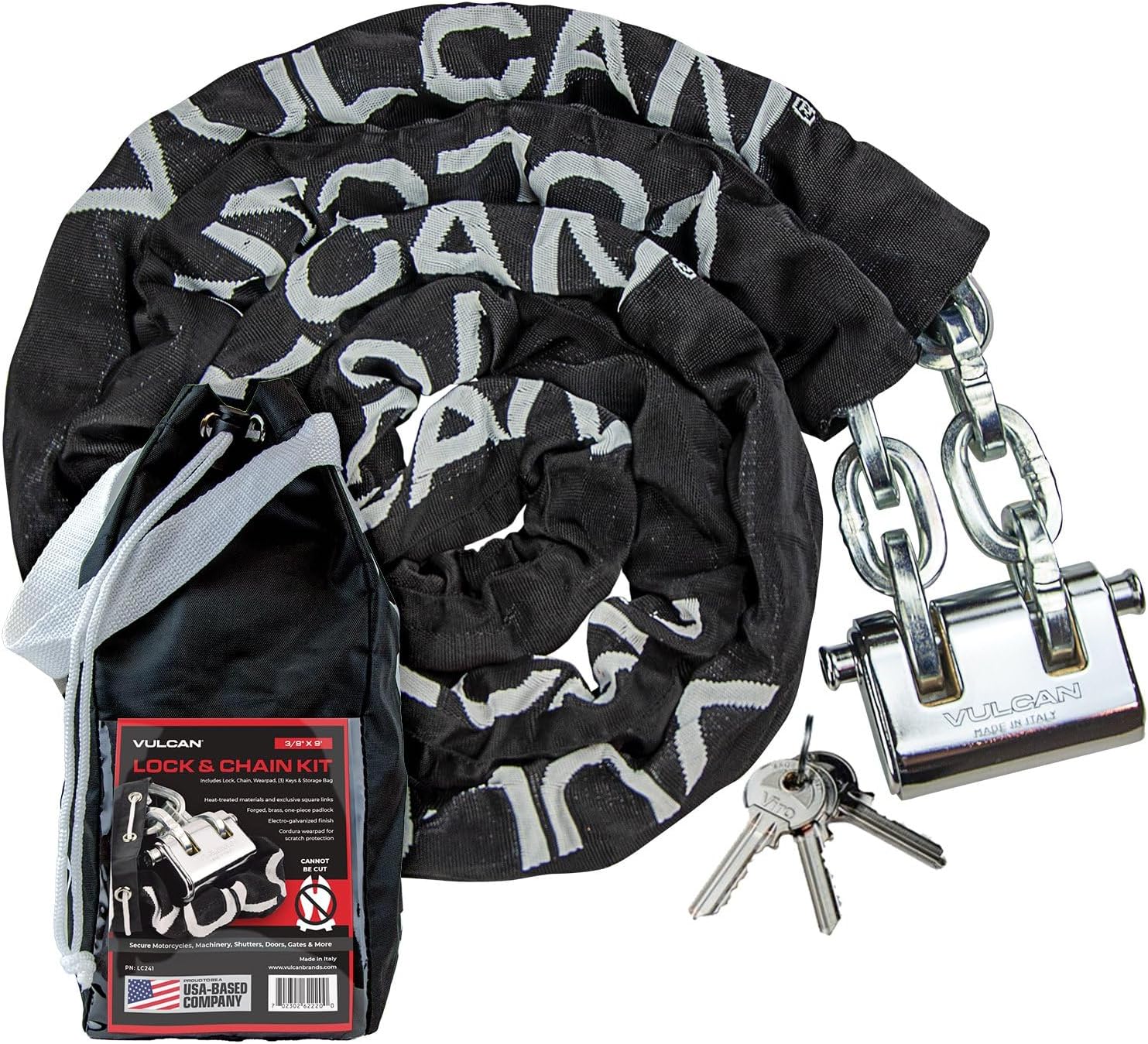 VULCAN Security Chain and Lock Kit - Premium Case-Hardened - 3/8 Inch x 9 Foot (+/-2 Inches) - Chain Cannot Be Cut with Bolt Cutters or Hand Tools