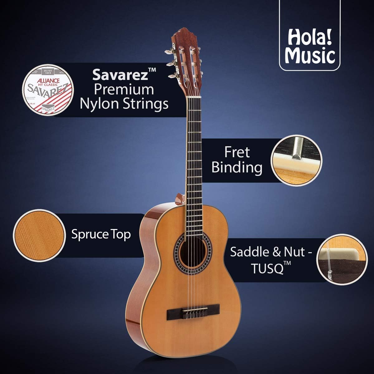 Classical Guitar with Soft Nylon Strings by Hola! Music, Junior 3/4 Size 36 Inch Wooden Guitar, Natural Gloss Finish - FREE Padded Gig Bag Included