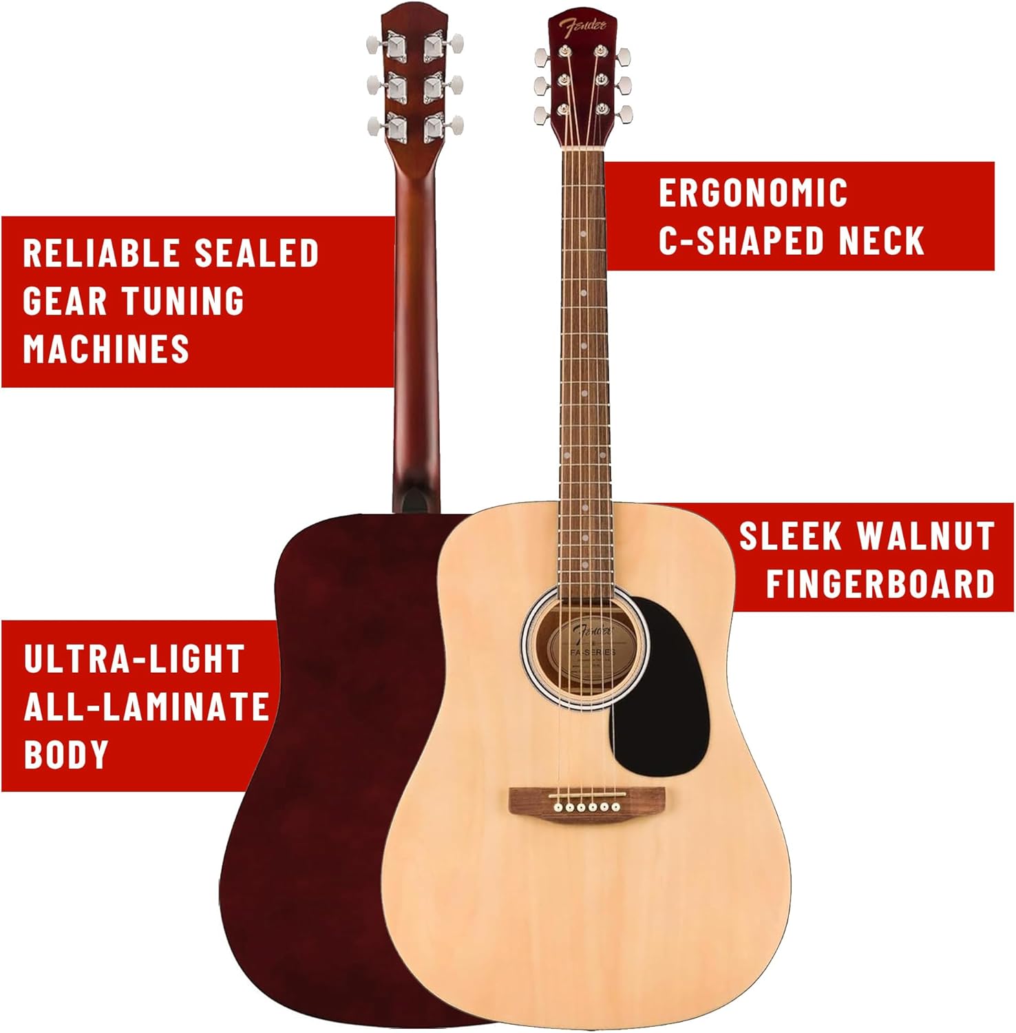 Fender Dreadnought Acoustic Guitar - Natural Bundle with Hard Case, Strap, Strings, Picks, and Austin Bazaar Instructional Video