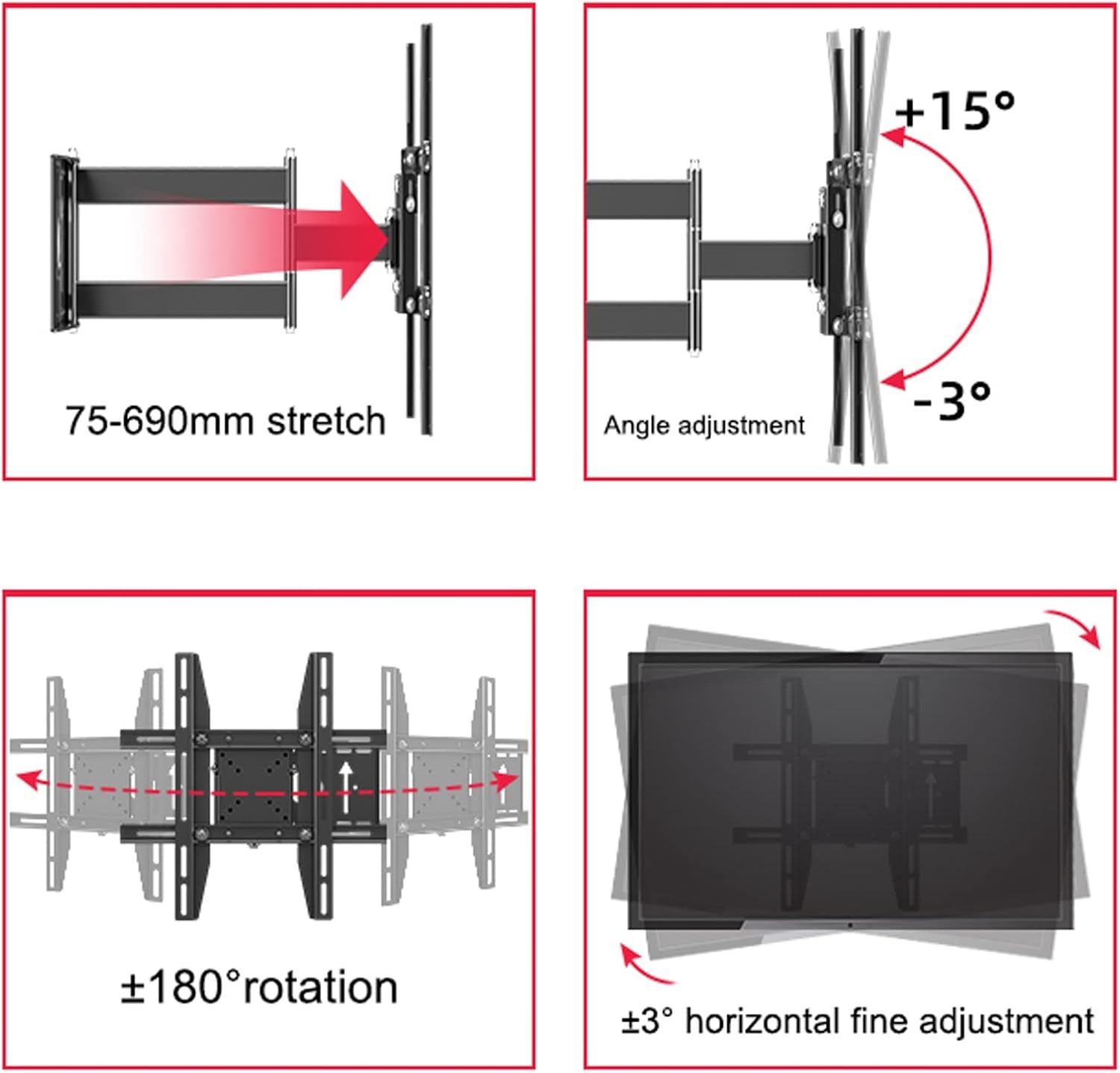 Full Motion Tv Monitor Wall Mount Bracket, Swivel and Tilt Tv Mount for 26-65 Inch Tvs, Holds Up to 40Kg/88Lbs, Max 400X400Mm Tv Bracket,