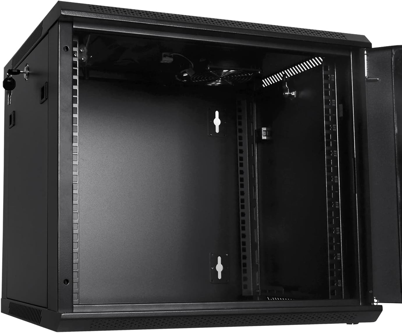 RackPath 9U Wall Mount Server Cabinet Network Rack Enclosure, Quiet Cooling Fan, Perforated Door, Black