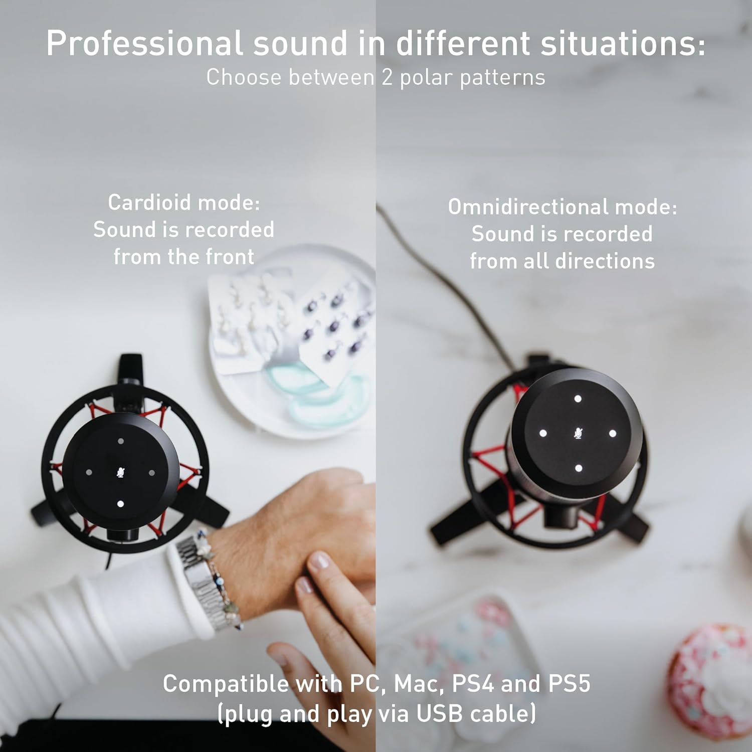 Cherry UM 6.0 Advanced, USB Microphone for Streaming, Podcasts, Home Office, 2 Directional Patterns, Shock-Mount, Compatible with PC/Mac/PS4/PS5, Silver/Black