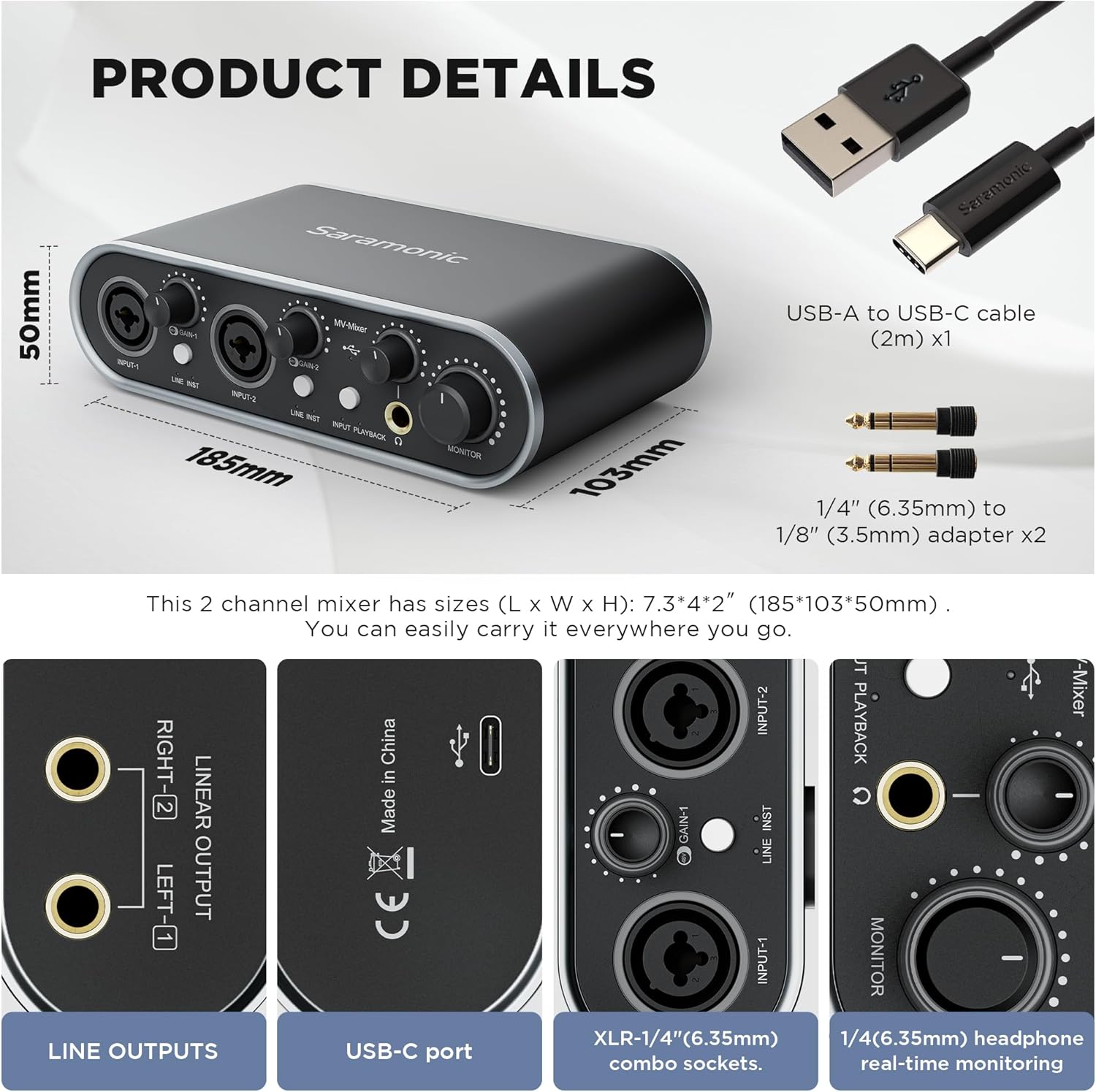 Saramonic MV-Mixer Dual-Channel XLR Audio Interface Mixer for Mac PC Recording Studio Singers Musicians Podcasters Guitar Sound Equipment, Real-Time and Playback Monitoring Music Production Software