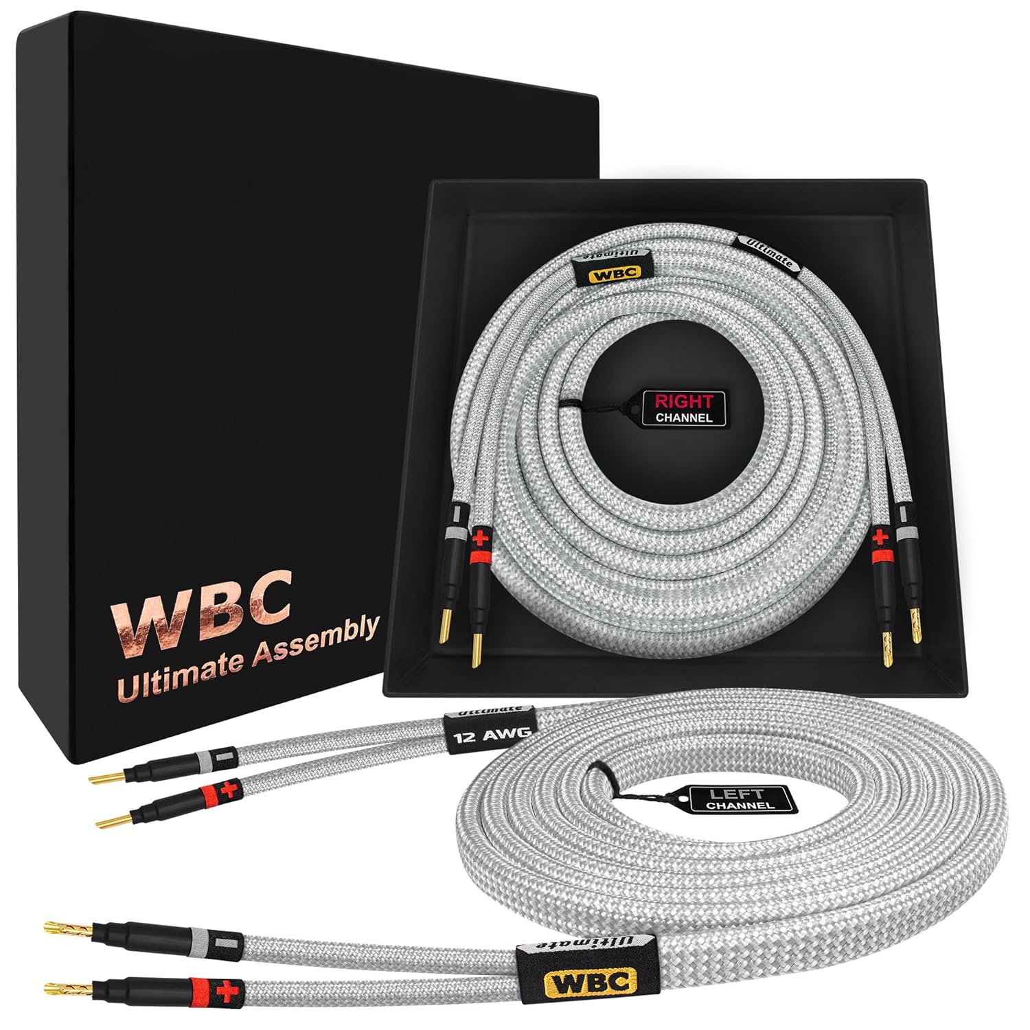 WORLDS BEST CABLES 6 Foot Ultimate - 12 AWG - Ultra-Pure OFC - Premium Audiophile HiFi Speaker Cable Pair with Eminence Gold Banana Plugs & Silver Tweed Jacket