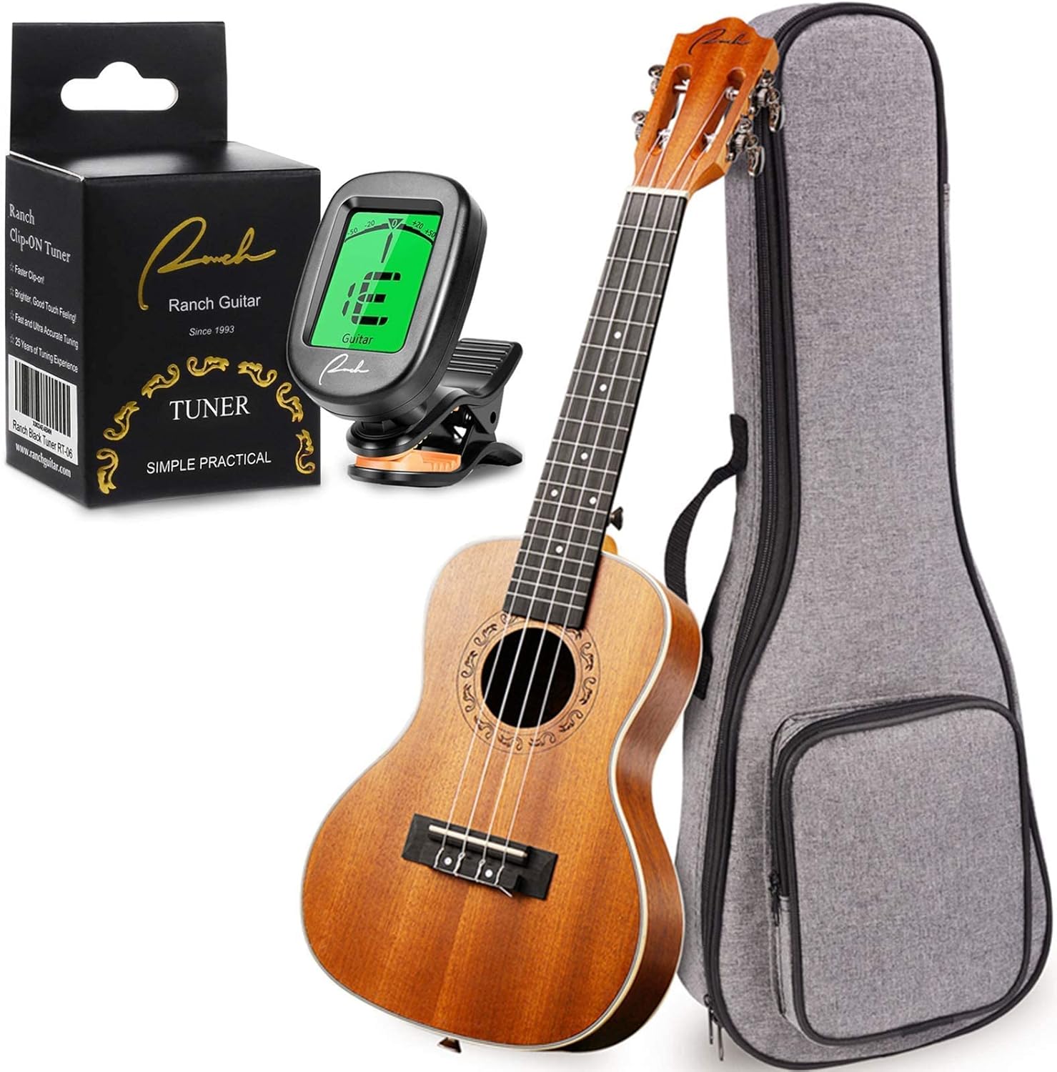 Ranch Concert Ukulele 23 inch Classical ukelele with 12 Online Lessons Beginner Ukalalee Pack Bundle Ukele Gig bag- Clip On Tuner for Acoustic Electric Guitar Ukulele Violin Bass Banjo-Classical Black
