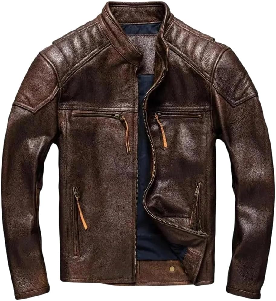 Men Retro Vintage Style Plus Size Genuine Natural Thick Cowhide Stand Collar Leather Jacket Coat