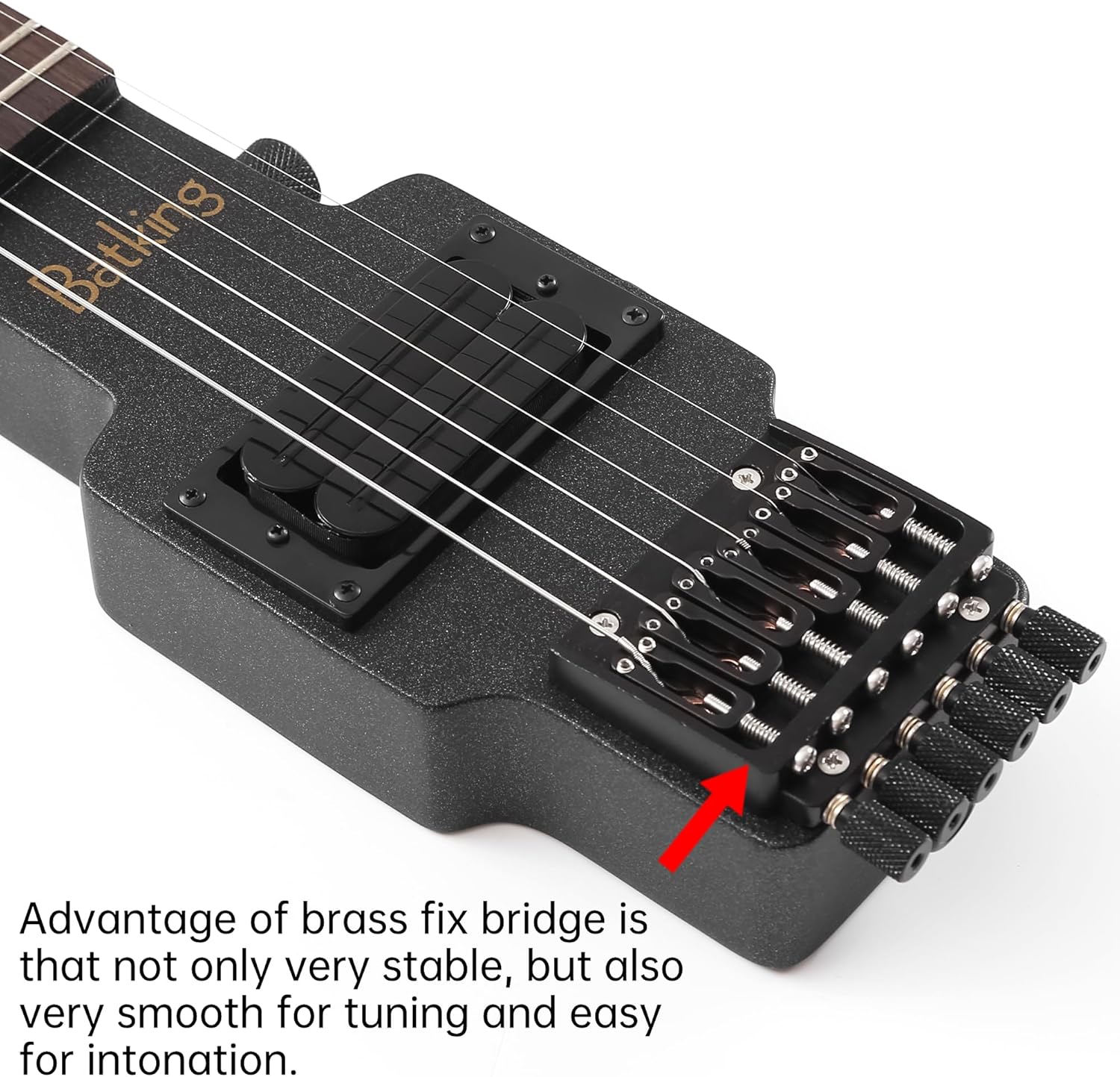 Batking Travel Guitar Electric, Headless Guitar 6 Strings One-piece Canada Maple Neck Through Body Design Brass Fix Bridge with Gigbag