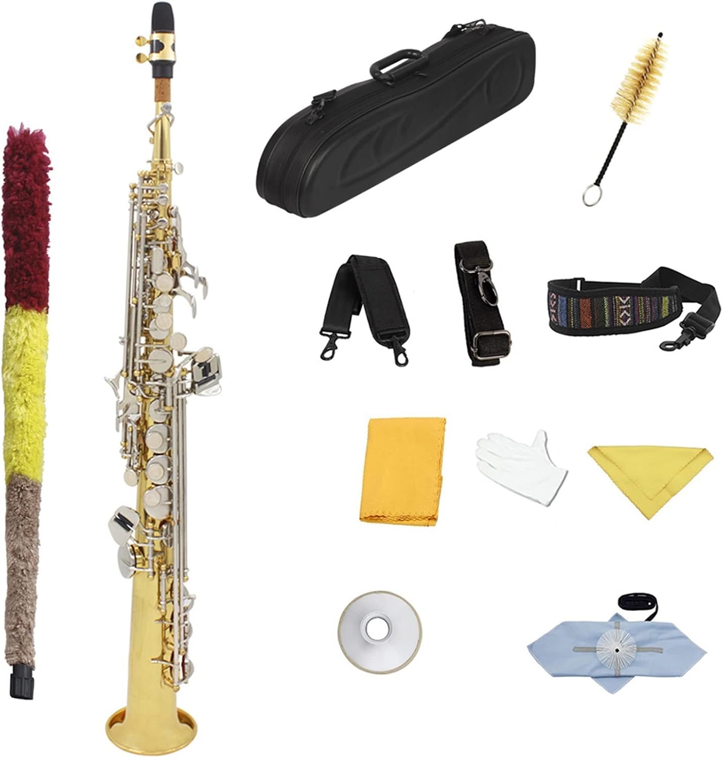 Bb Saxophone Brass Gold Lacquer Straight Saxophone Woodwind Musical Instrument with Case Beginner Saxophone (Color : Golden Silver Key)