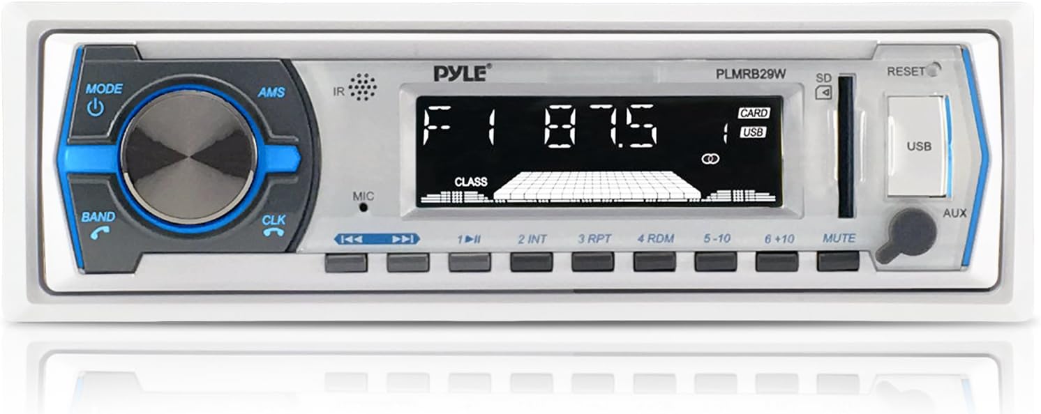 Pyle Single DIN Marine Boat USB/SD Bluetooth Stereo Receiver Bundle Combo with Waterproof Cover, 4 x Enrock 6.5
