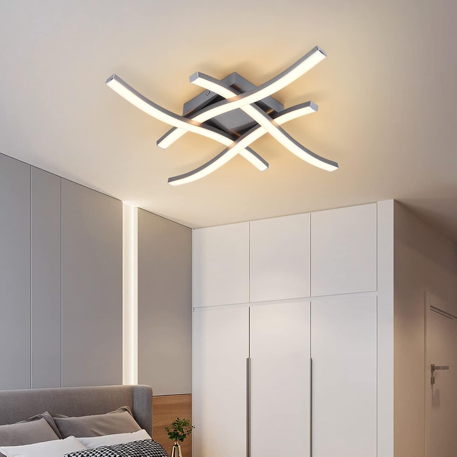 EDISLIVE Modern Dimmable LED Ceiling Light Curved 4-Light 18 in Minimalist Flush Mount Ceiling Light Fixture Lamp for Bedroom Foyer Kitchen 3000K 24W Nickel