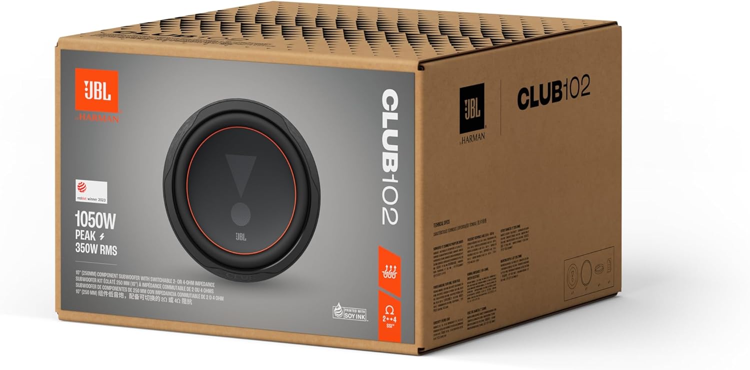 JBL Club 102-10” Subwoofer, 300Wrms, 900W Peak, Sensitivity (@ 2.83V): 89dB, Frequency Response: 25Hz – 500Hz, Nominal Impedance: 4ohm