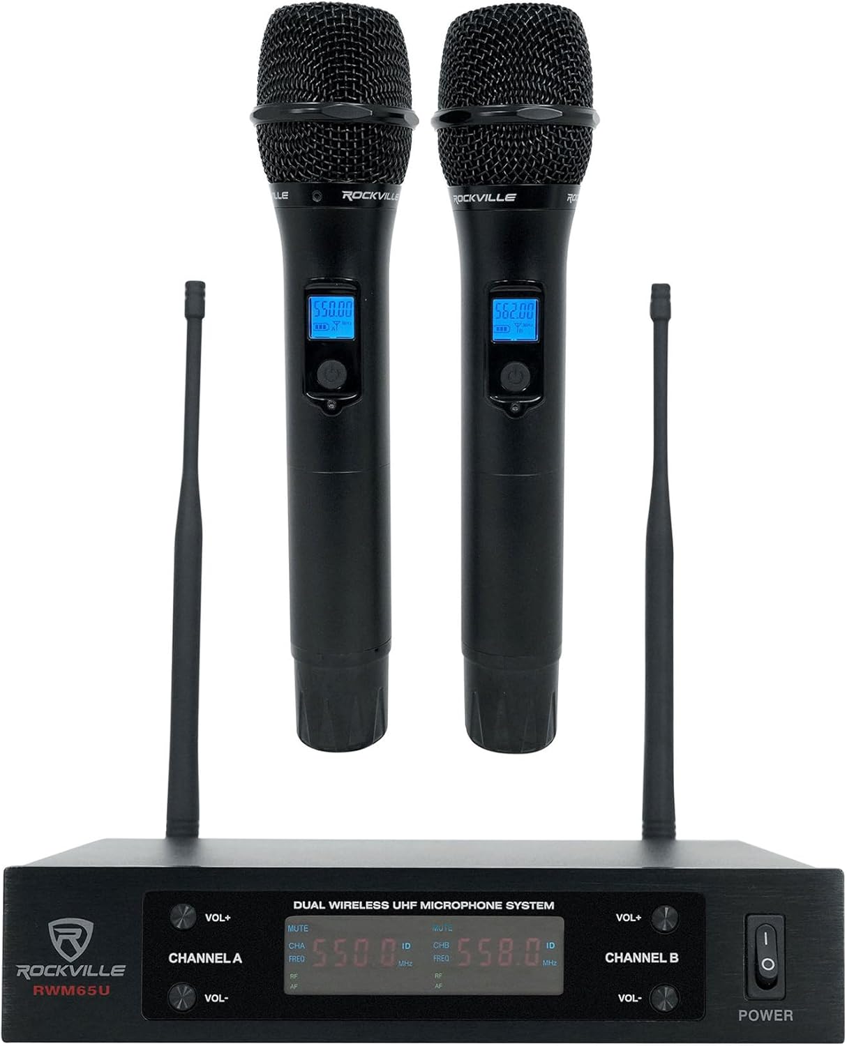 Rockville RWM-200 H2 Dual Handheld UHF Microphone System, 200 Channels, 3-Band EQ, Echo Control, RF Power Adjustment, for Karaoke, Live Performances, Presentations