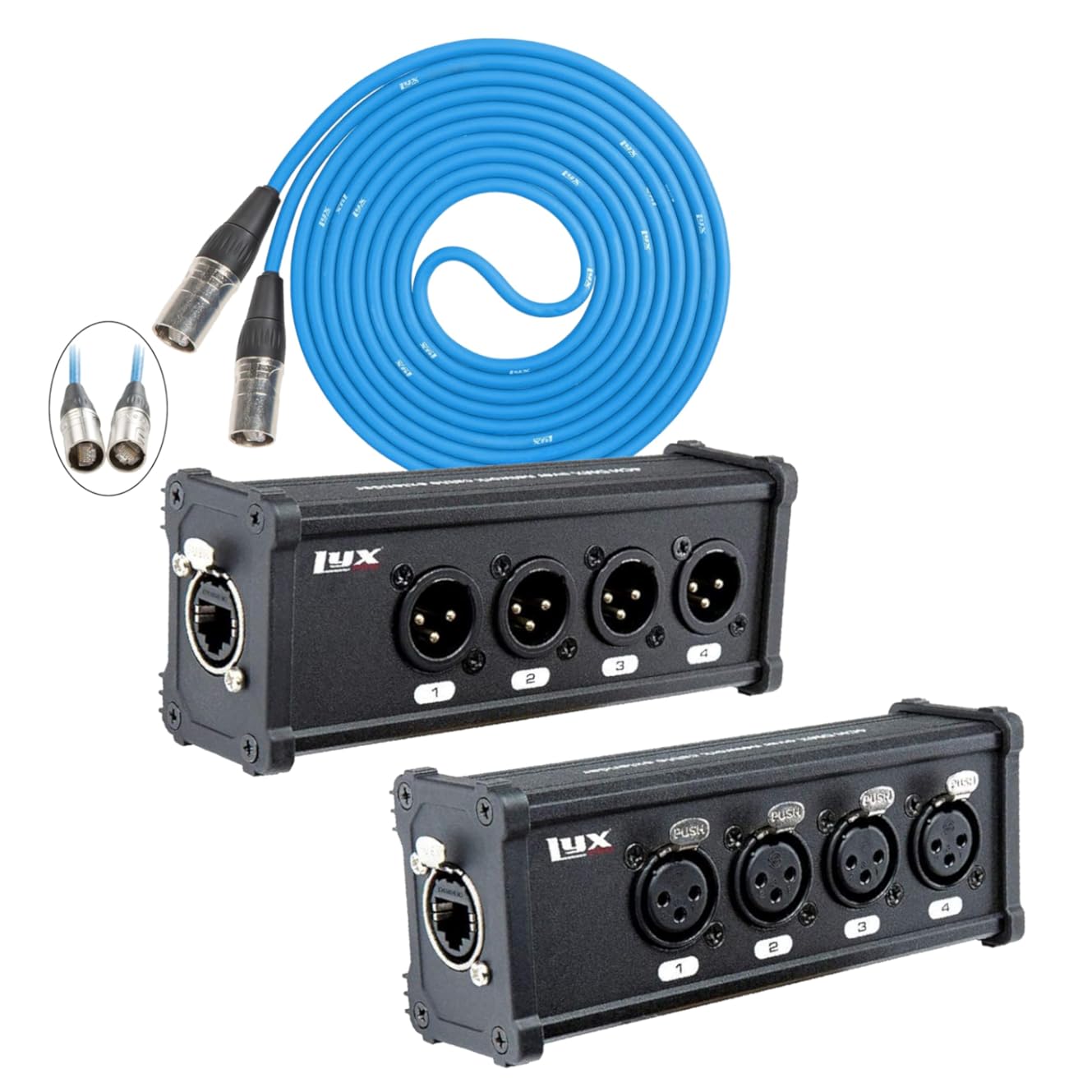 LyxPro 4 Channel 3 Pin Multi Network XLR Cable Breakout M&F to RJ45 Ethercon with CAT6 6' Feet Shielded Ethercon Sound Audio and Lighting RJ45 Cable - Blue