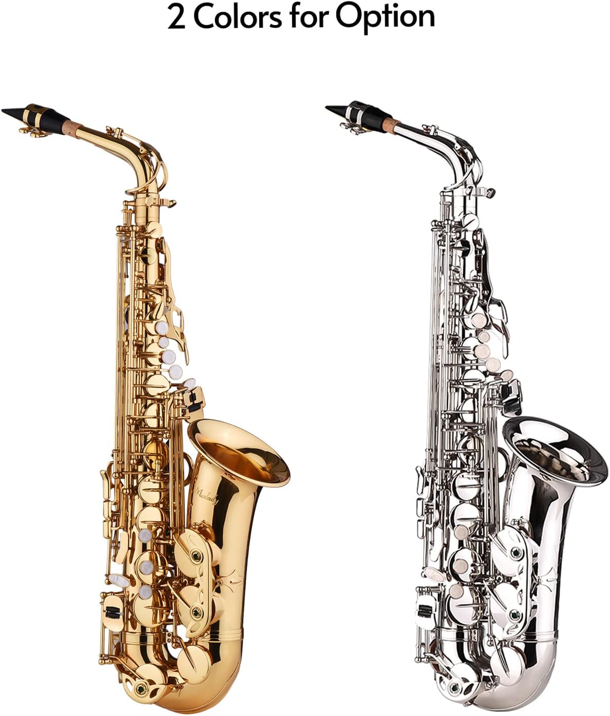 E Flat Alto Saxophone, Brass, Silver, Includes Mouthpiece, Cleaning Cloth, Brush, Gloves, Straps