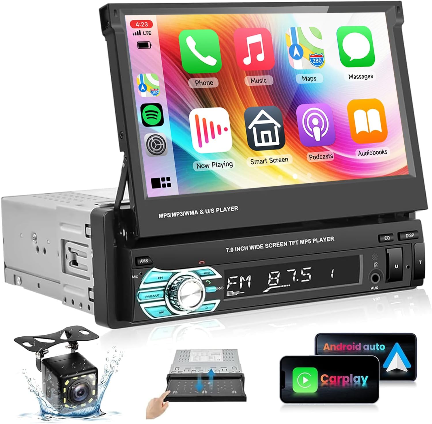 Single Din Car Stereo Radio with AppIe Carplay Android Auto Airplay MirrorLink,Podofo 7inch 1080P Flip Out Car Radio Bluetooth FM Radio HD Backup Camera,2.0 USB,TF Card,AUX-in Ports,Support SWC