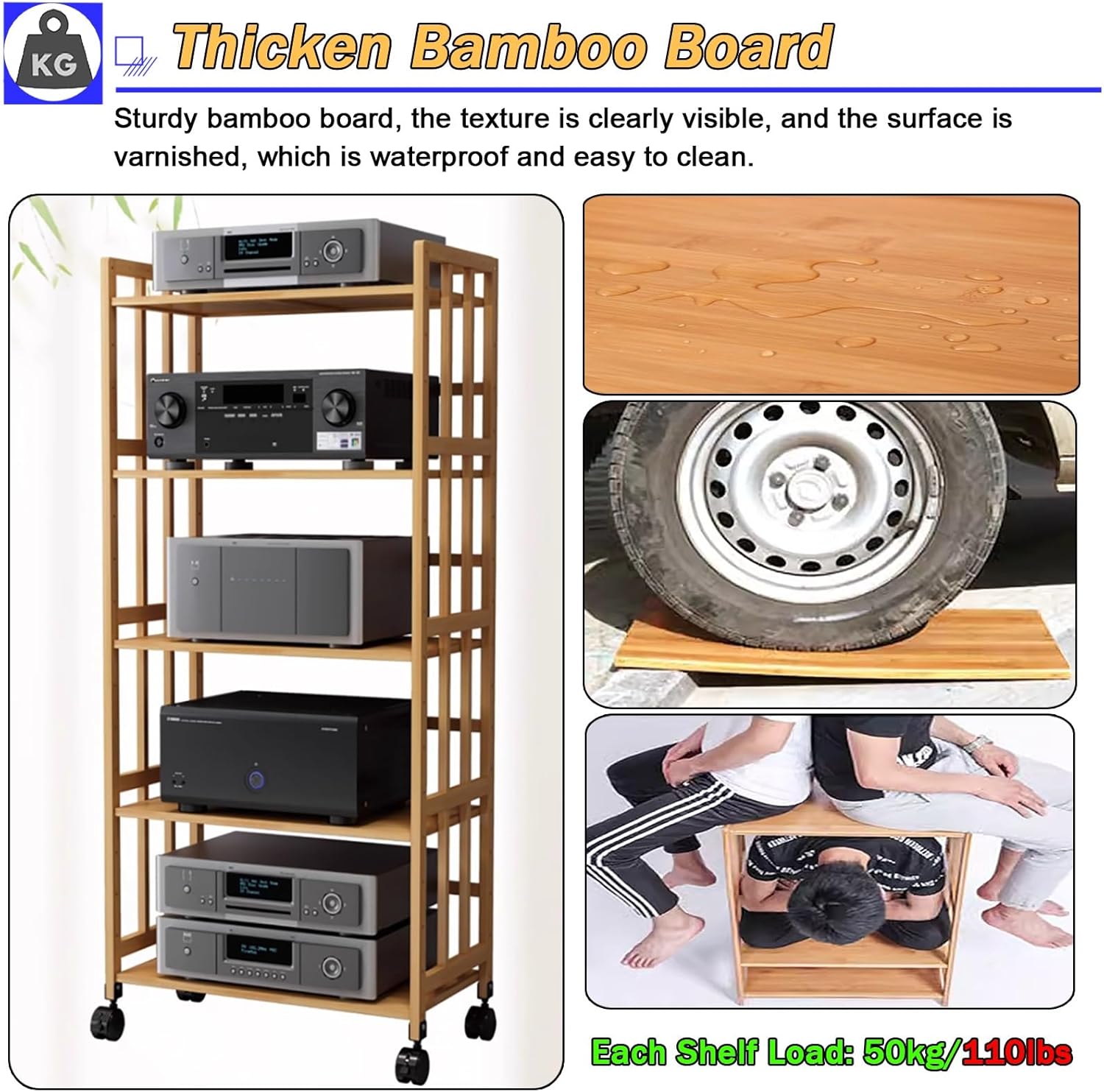 Home Stereo Racks and Stands on Wheels, Mobile Bamboo Audio Amplifier Media Cabinet 2 3 4 5 Layer Adjustable Height, Living Room/Bedroom/Farmhouse Standing Media Shelf,Brown L 55cm/H 3Tier