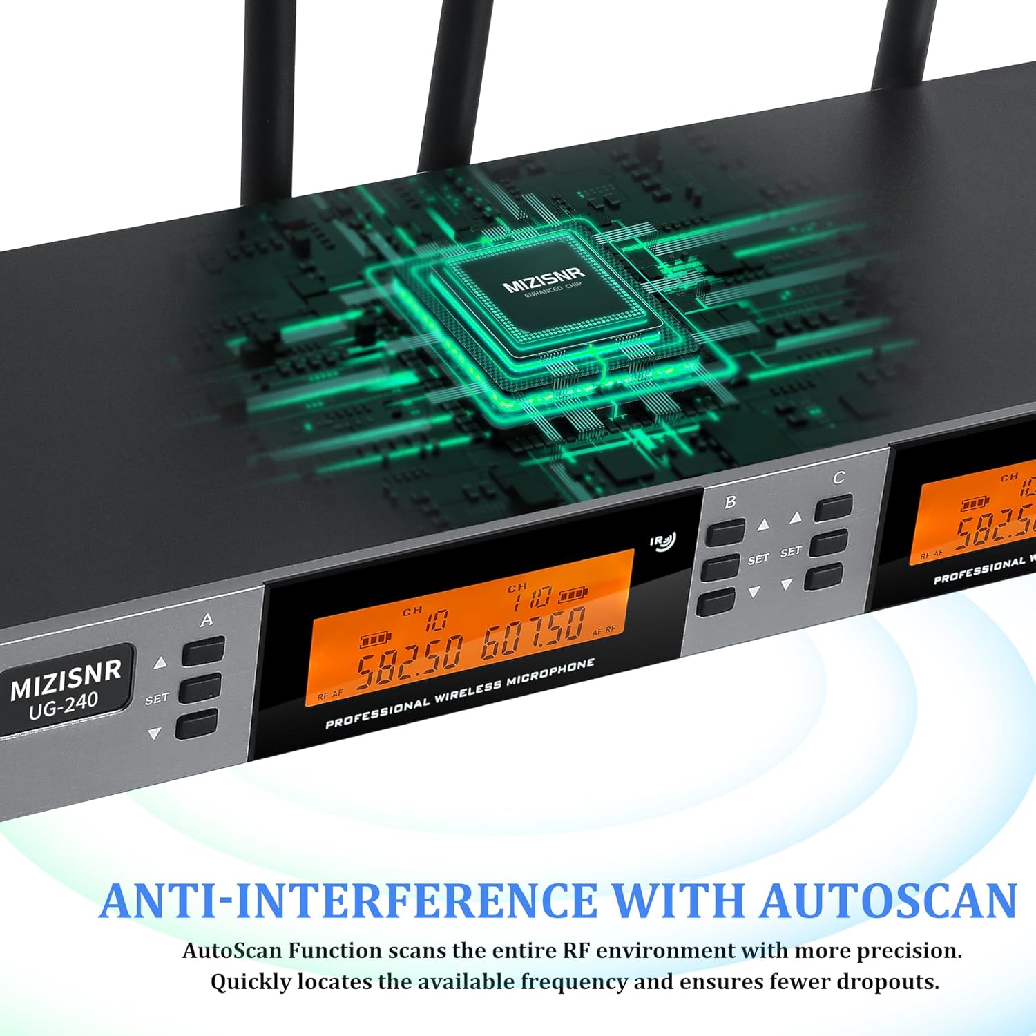 Wireless Microphone System 4 Channel, UHF Metal Cordless Handheld Mics Set - 200 Adjustable Frequencies, Auto Scan & Memory Function, 300ft Range, Ideal for Karaoke Church Wedding（UG-240