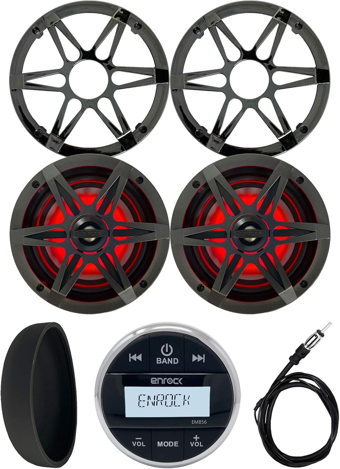 Enrock Marine Gauge Style Media Center Bluetooth USB AUX Receiver Bundle Combo with 2X 6.5 Waterproof 2-Way Multicolor LED Speakers with Chrome/Charcoal Grilles, Radio Cover, Wired AM/FM Antenna