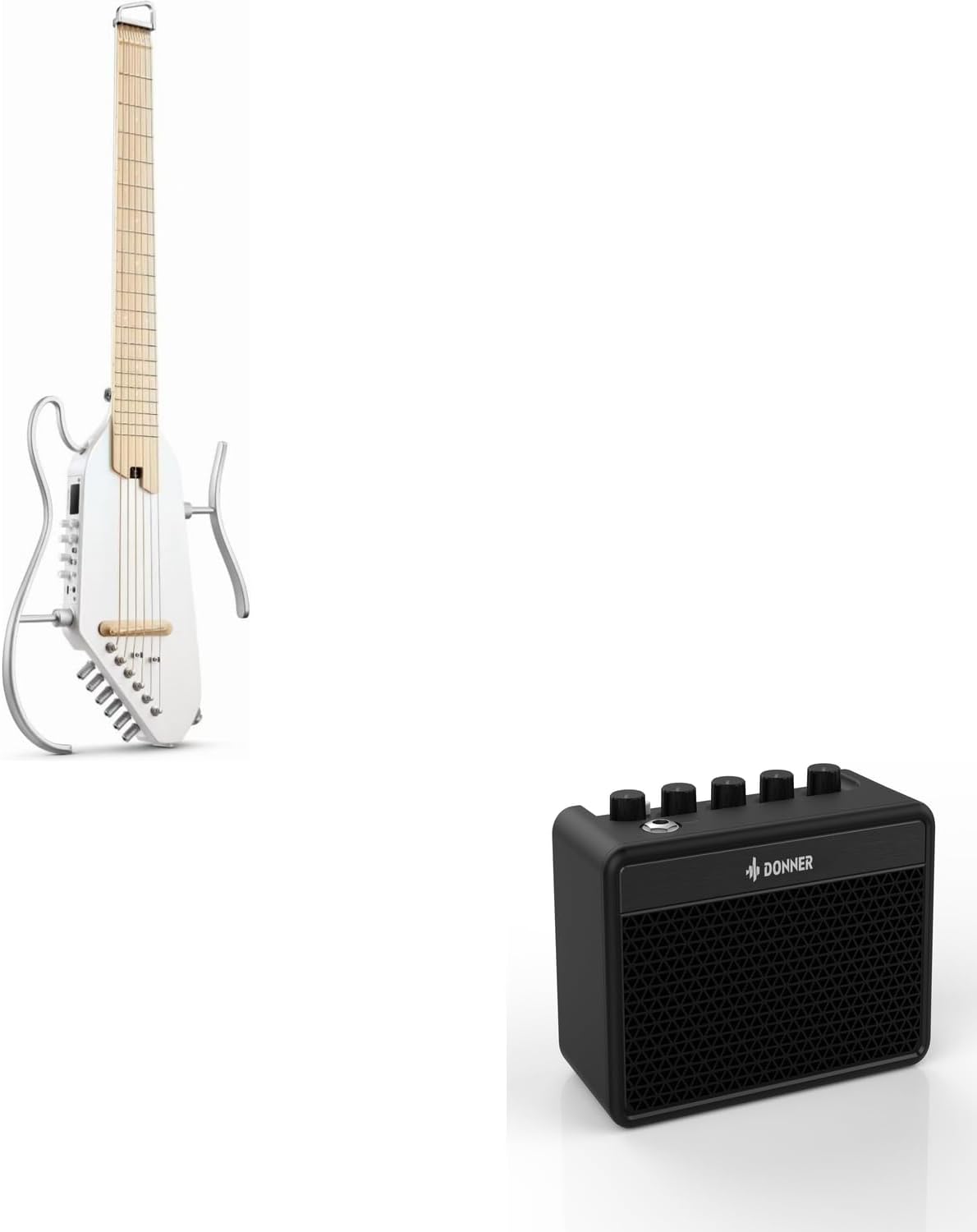 Acoustic Electric Guitar Travel Guitar with Multiple Effect Modes Smart Guitarra Kit, White and Mini Guitar Amp Small Electric Amplifier 5W Portable