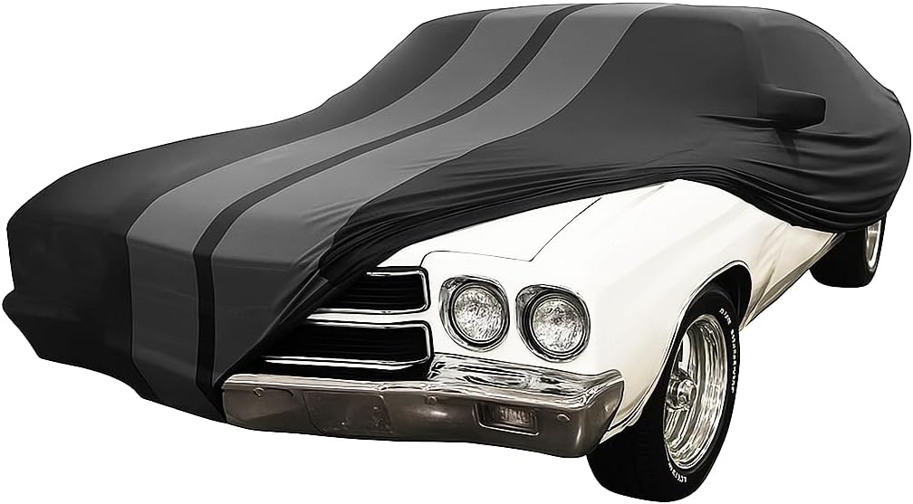 SR1 USA 1964-1972 Chevrolet Chevelle Indoor Car Cover - Ultraguard Stretch Satin - The Ultimate Custom Fit (Black with Gray Stripes)
