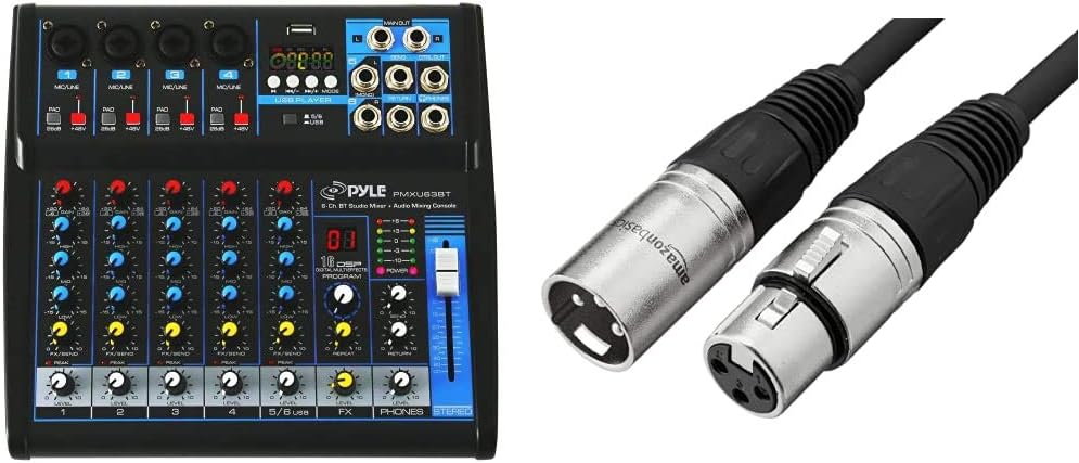 Pyle Professional Audio Mixer Sound Board Console - Desk System Interface with 6 Channel, USB, Bluetooth, Digital MP3 Computer Input, 48V Phantom Power, FX16 Bit DSP- PMXU63BT (6-Ch. Bluetooth Studio Mixer) | Amazon Basics XLR Microphone Cable for Sp