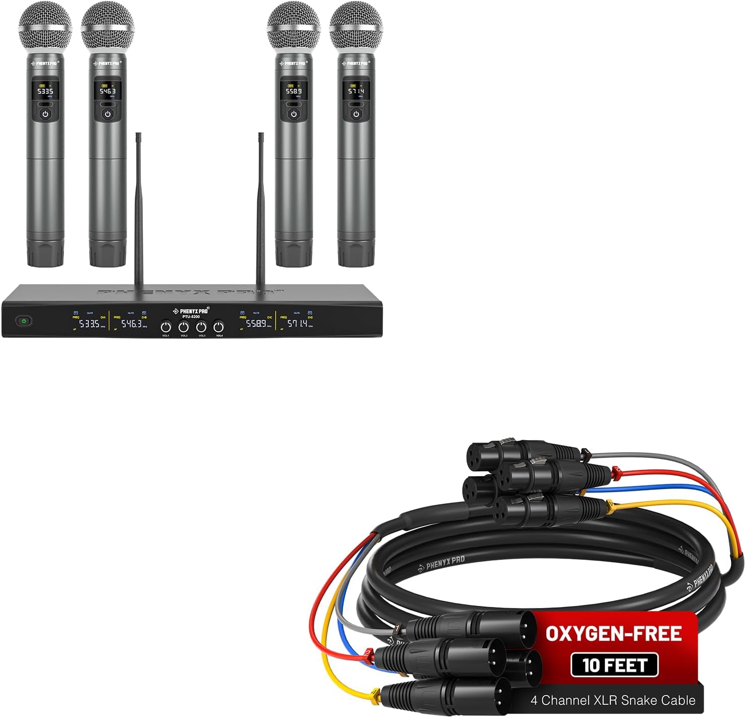 Phenyx Pro UHF Wireless Handheld Microphone System PTU-5200-4H Bundle with 10Ft XLR Snake Cable
